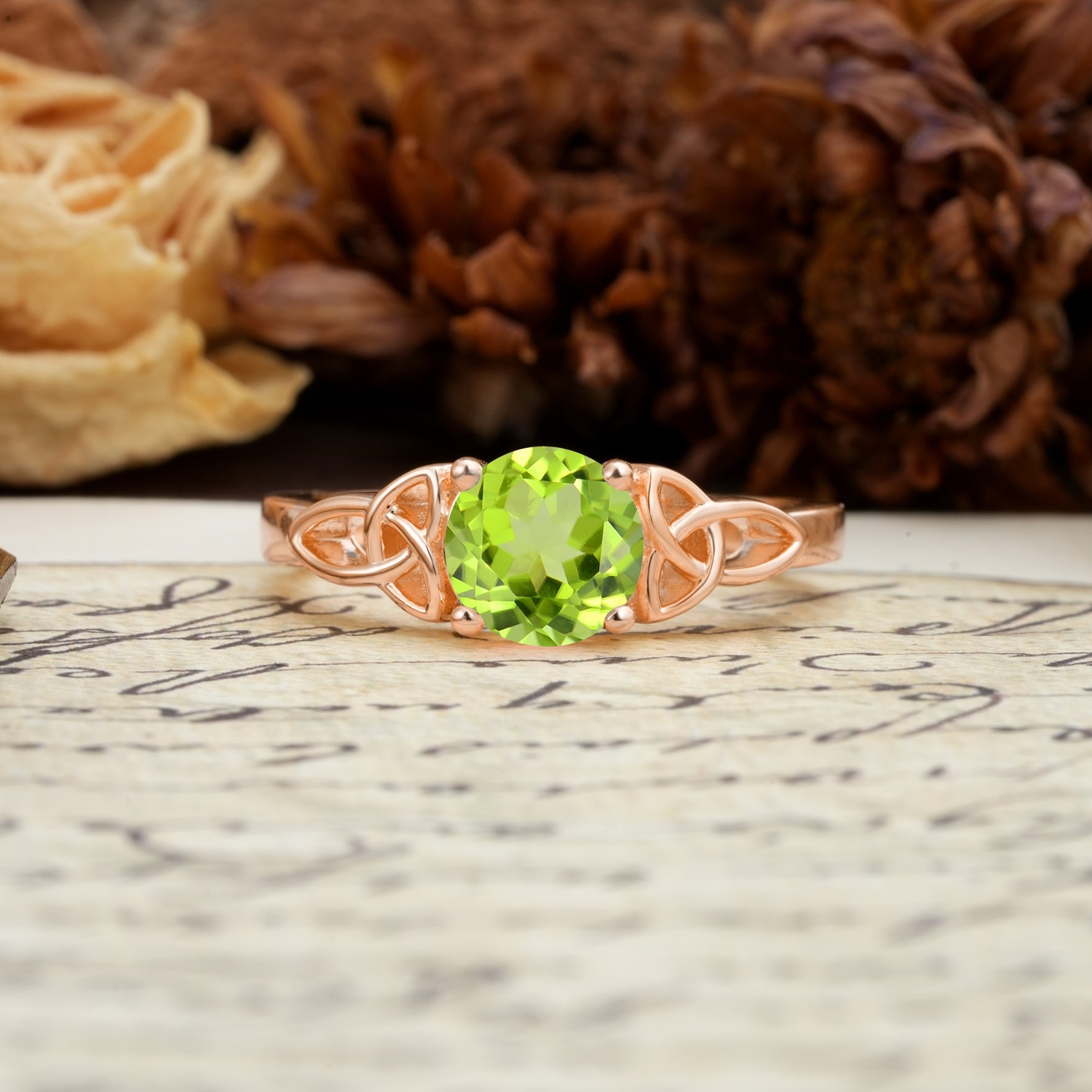 Nature-Inspired, Uniquely Intertwined 4-Prong Round Cut Peridot Engagement Ring - Additional view
