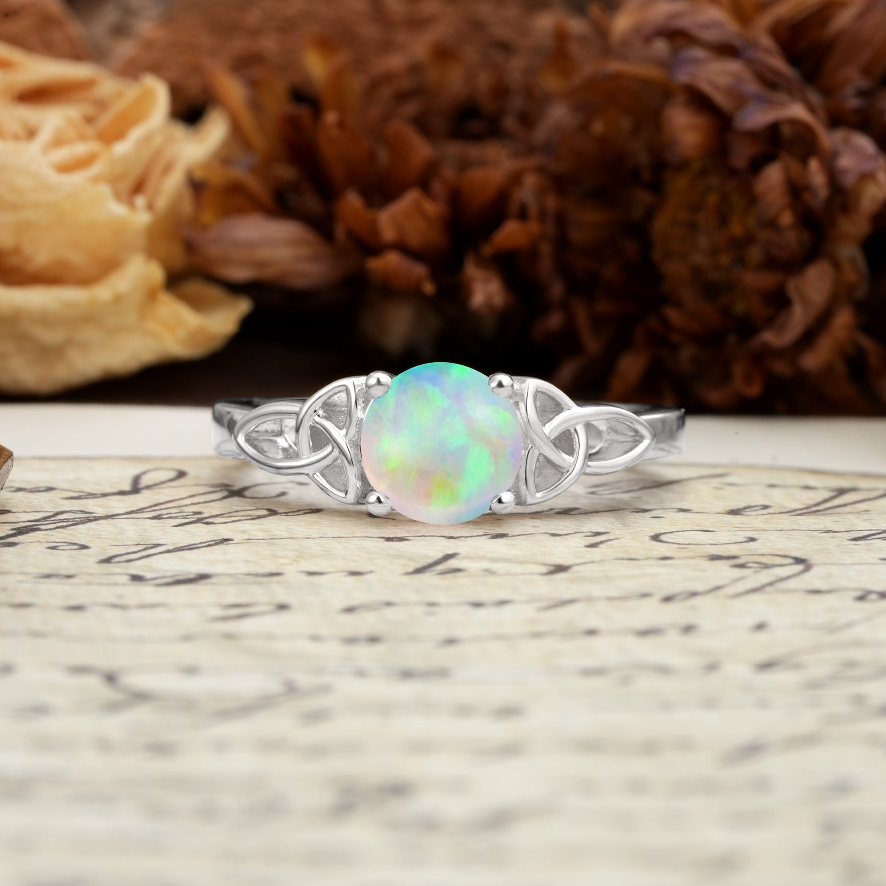 Nature-Inspired, Uniquely Intertwined 4-Prong Round Cut Fire Opal Engagement Ring - Additional view