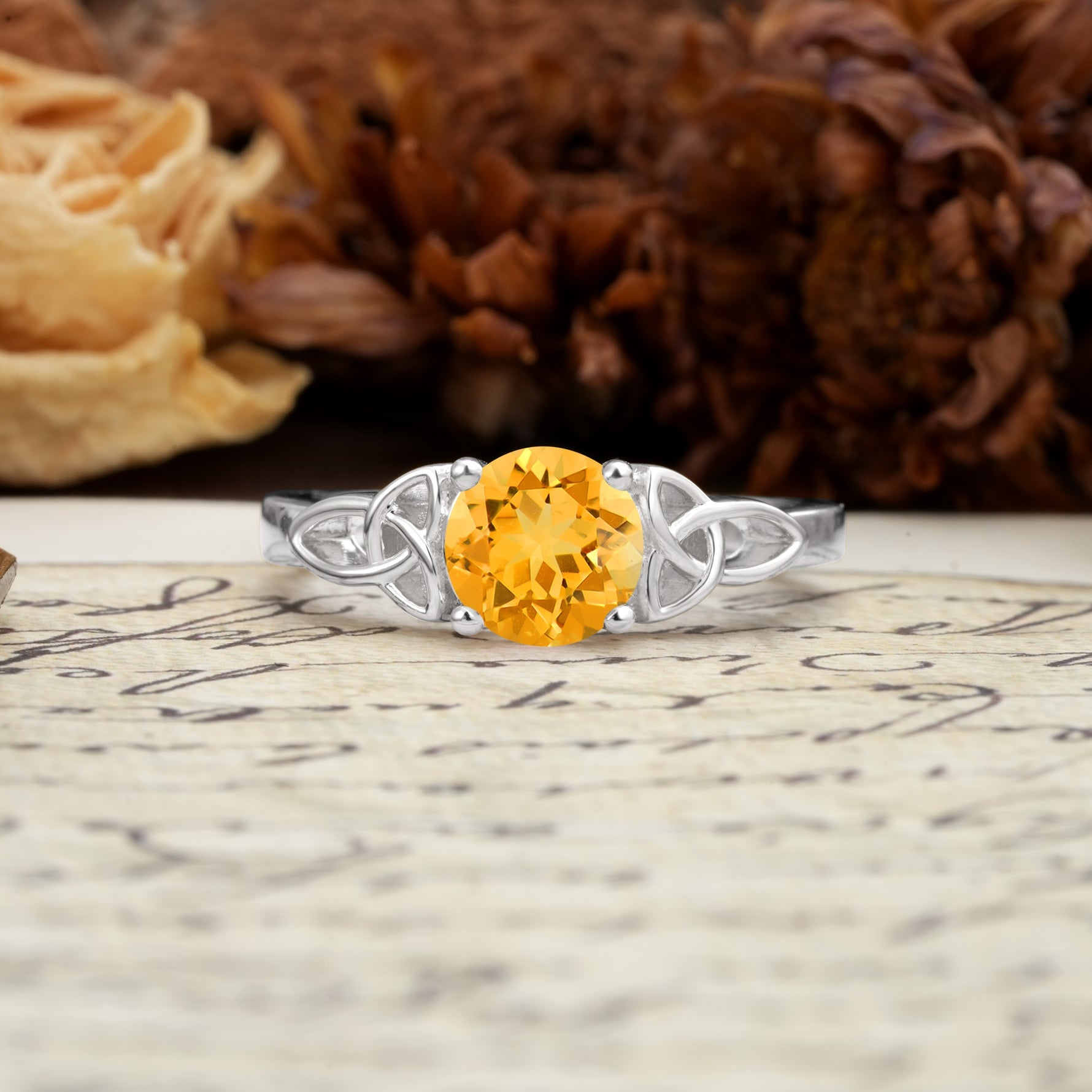 Nature-Inspired, Uniquely Intertwined 4-Prong Round Cut Citrine Engagement Ring - Additional view