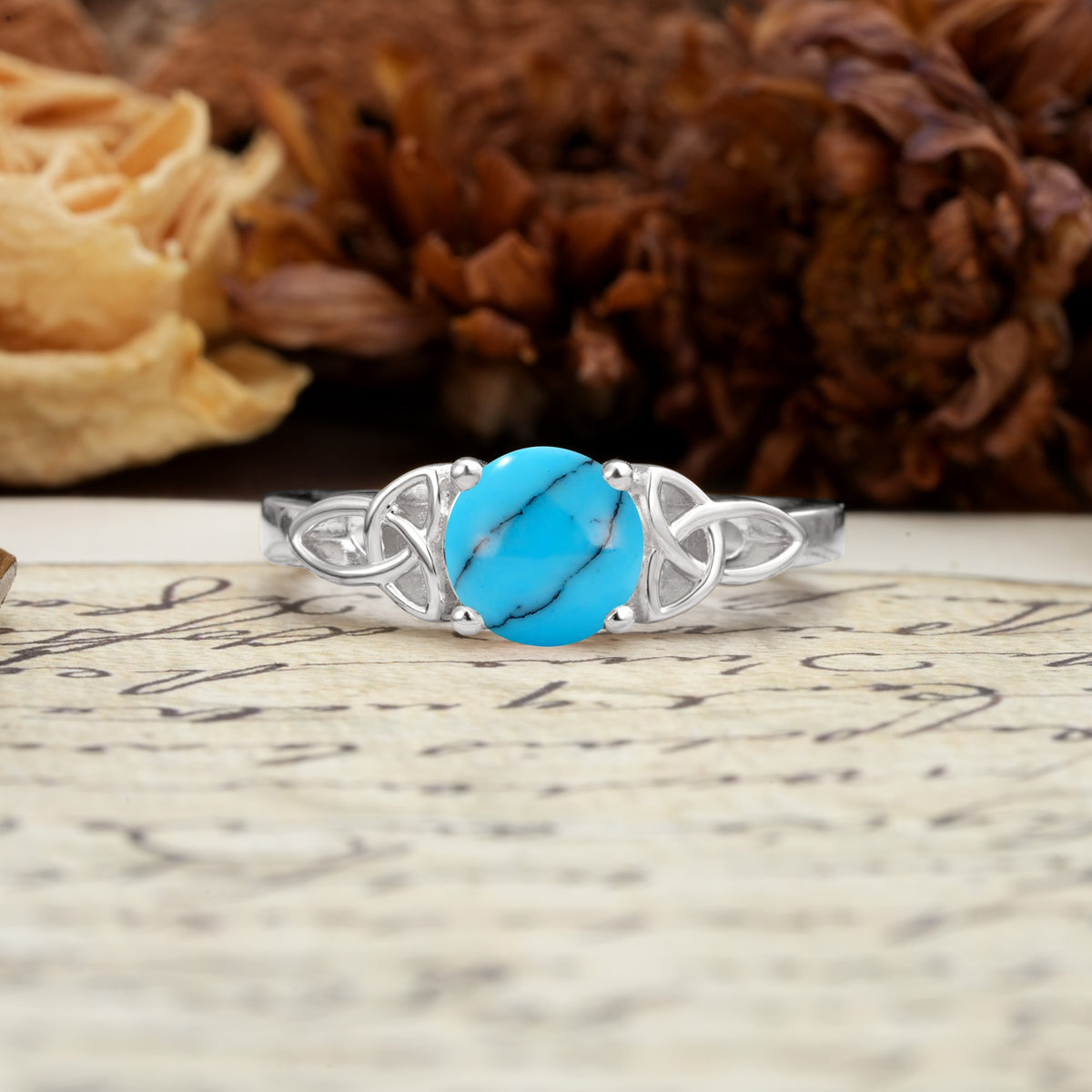 Nature-Inspired, Uniquely Intertwined 4-Prong Round Cut Turquoise Engagement Ring - Additional view