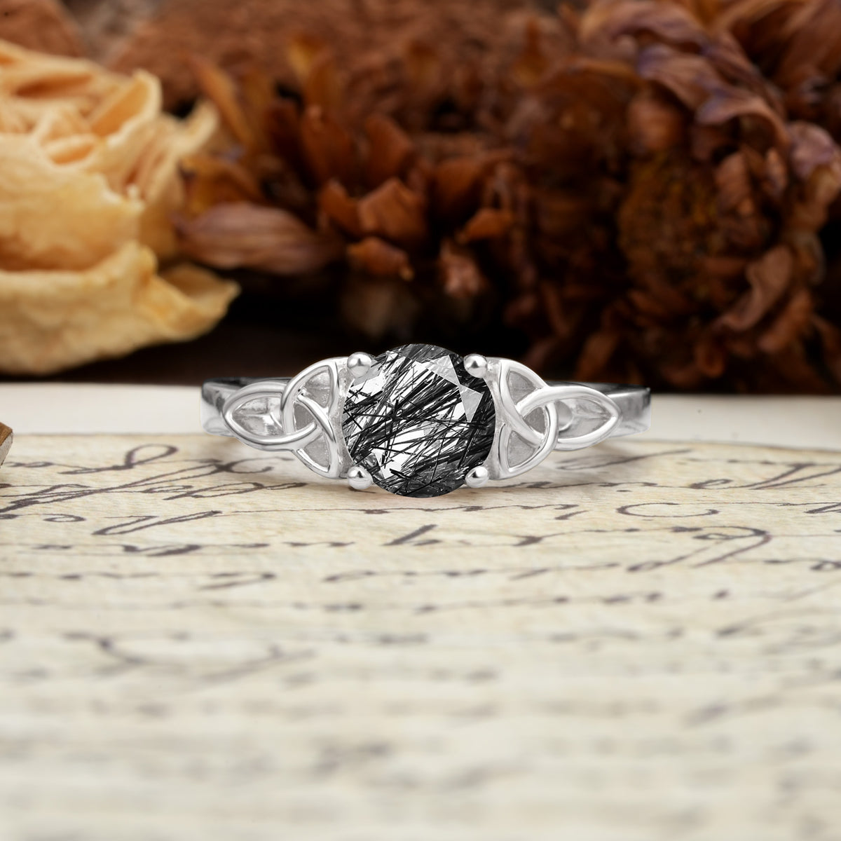 Nature-Inspired, Uniquely Intertwined 4-Prong Round Cut Black Rutilated Quartz Engagement Ring - Additional view
