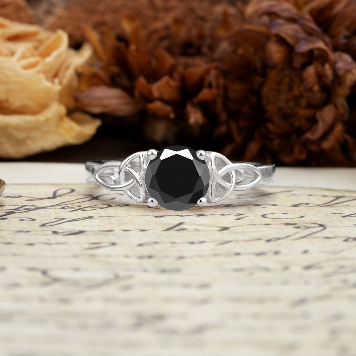 Nature-Inspired, Uniquely Intertwined 4-Prong Round Cut Black Onyx Engagement Ring - Additional view