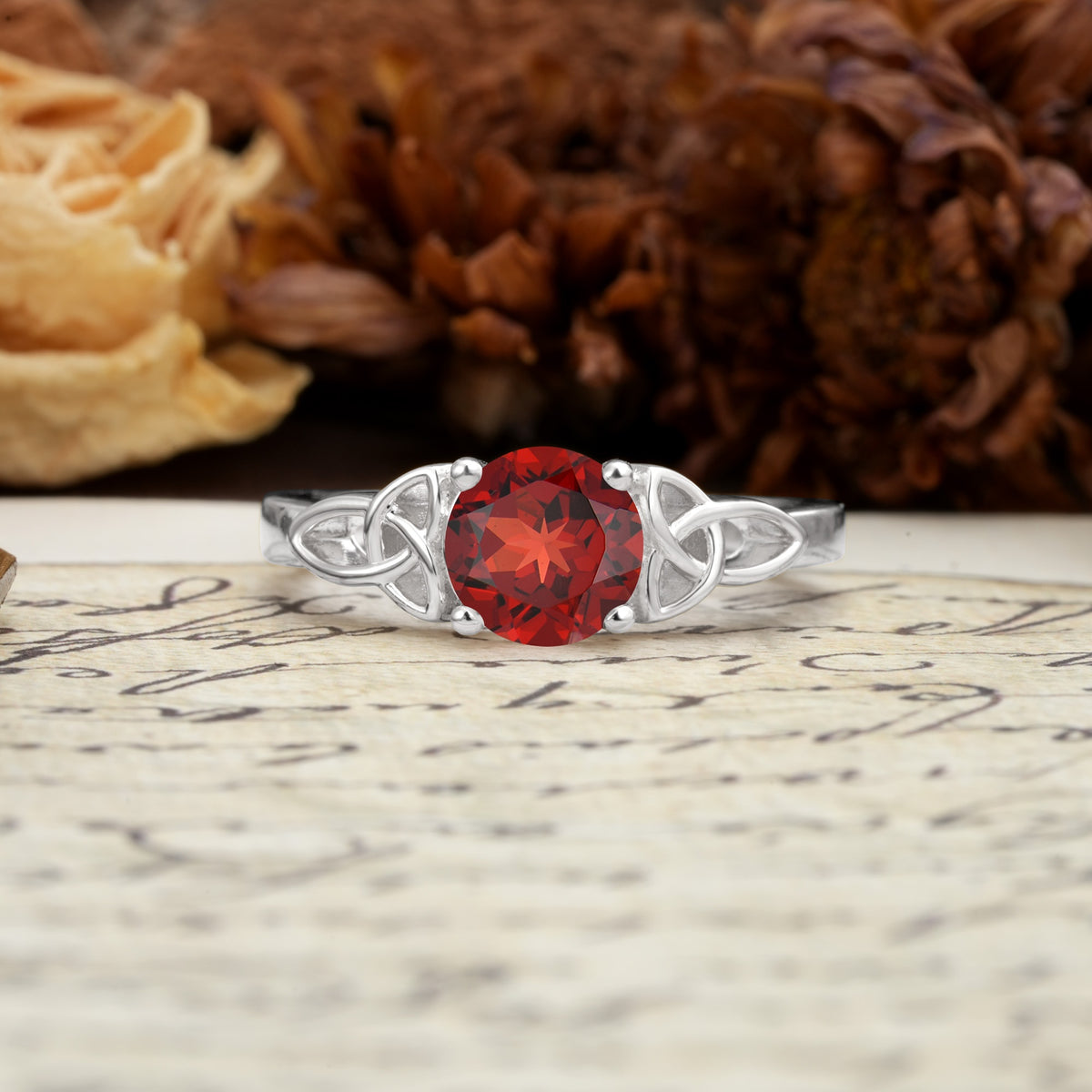 Nature-Inspired, Uniquely Intertwined 4-Prong Round Cut Garnet Engagement Ring - Additional view