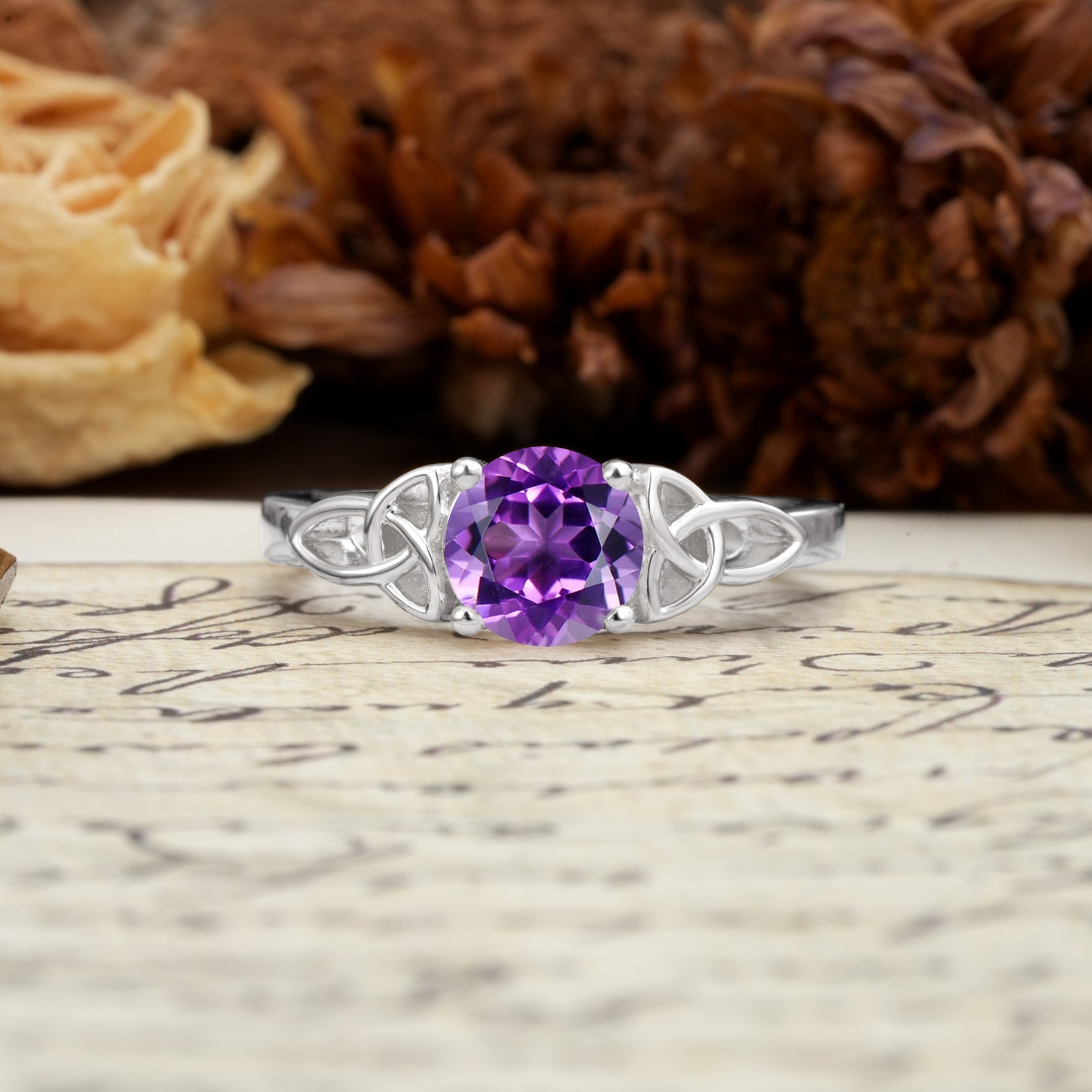 Nature-Inspired, Uniquely Intertwined 4-Prong Round Cut Amethyst Engagement Ring - Additional view