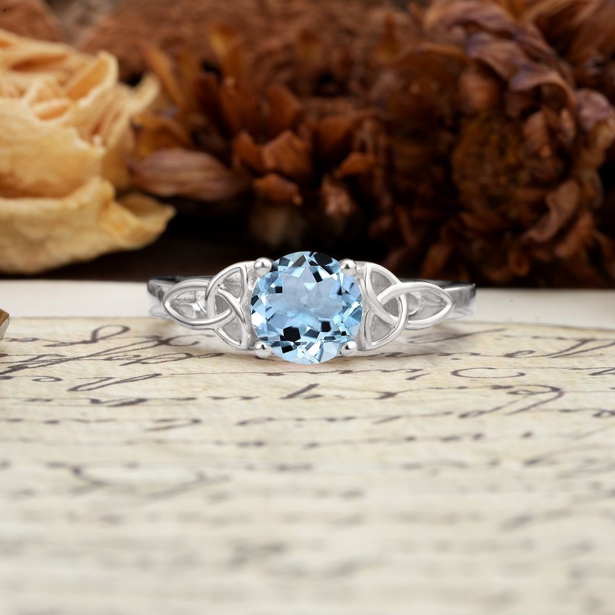 Nature-Inspired, Uniquely Intertwined 4-Prong Round Cut Aquamarine Engagement Ring - Additional view