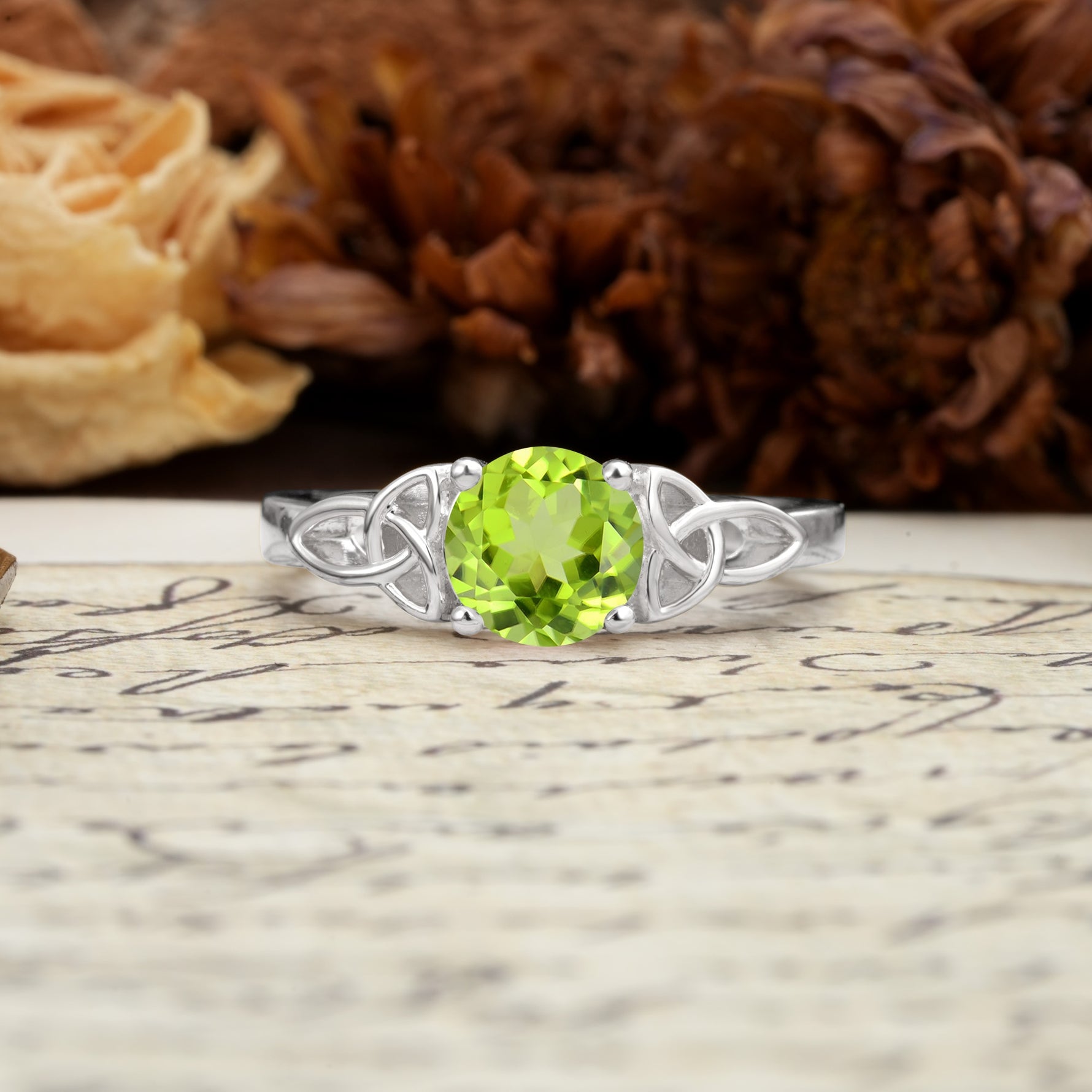 Nature-Inspired, Uniquely Intertwined 4-Prong Round Cut Peridot Engagement Ring - Additional view