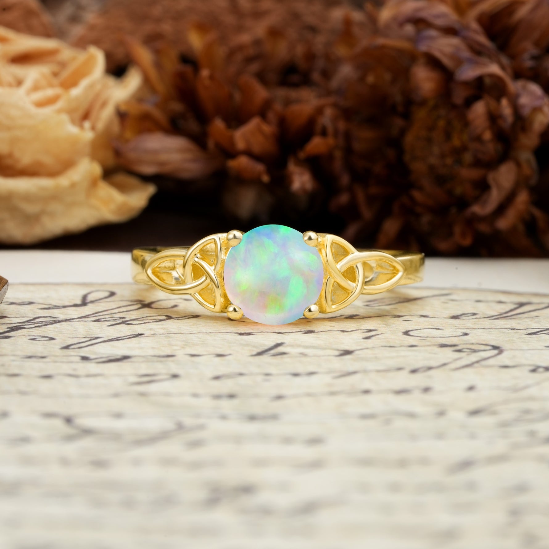 Nature-Inspired, Uniquely Intertwined 4-Prong Round Cut Fire Opal Engagement Ring - Additional view