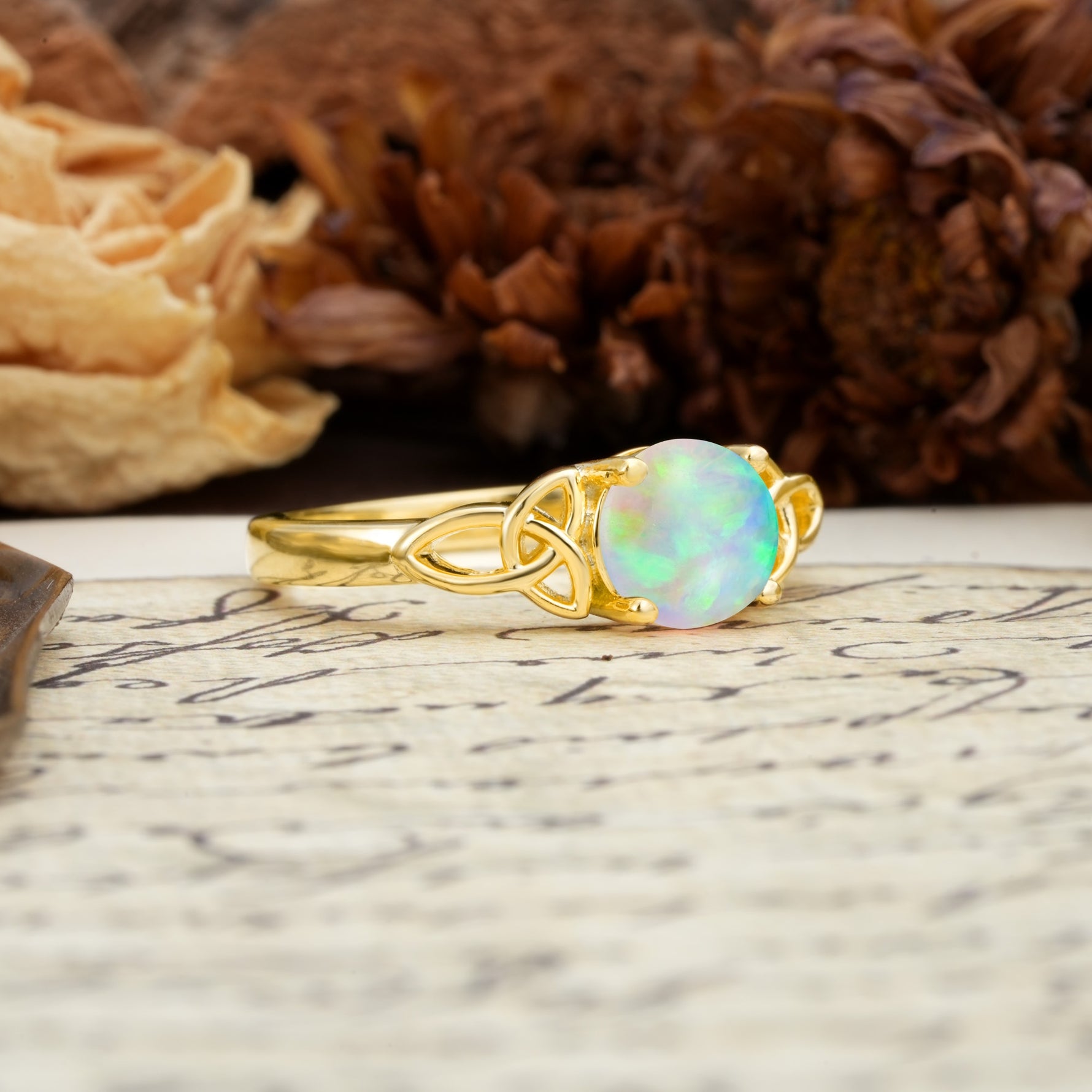Nature-Inspired, Uniquely Intertwined 4-Prong Round Cut Fire Opal Engagement Ring - Additional view
