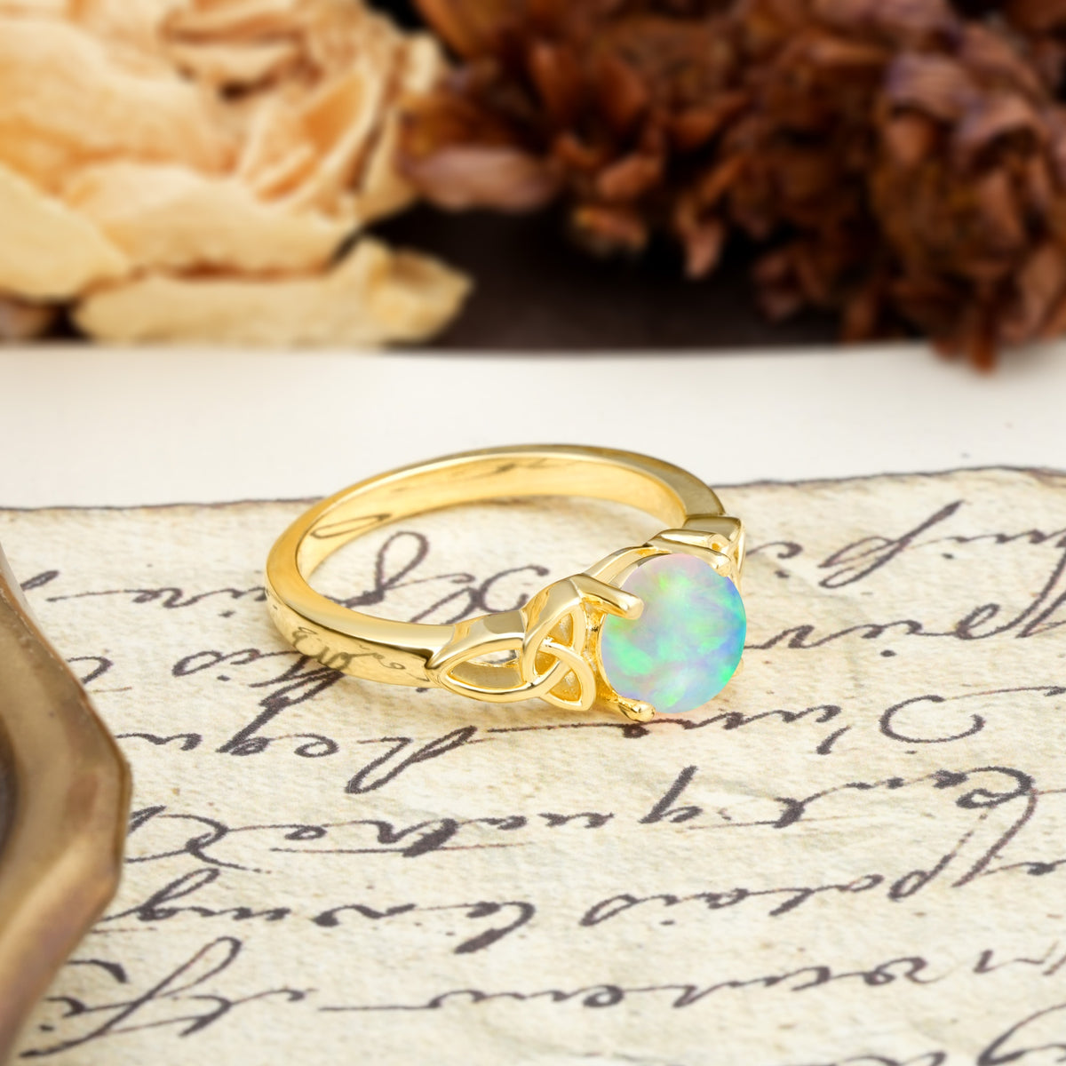 Nature-Inspired, Uniquely Intertwined 4-Prong Round Cut Fire Opal Engagement Ring - Additional view