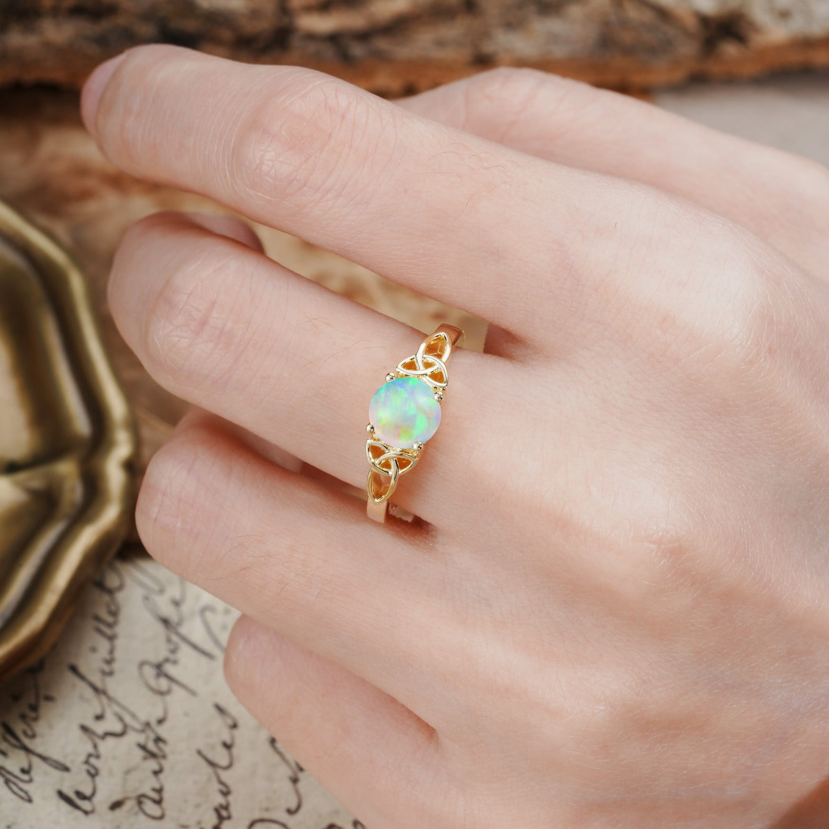 Nature-Inspired, Uniquely Intertwined 4-Prong Round Cut Fire Opal Engagement Ring - Additional view