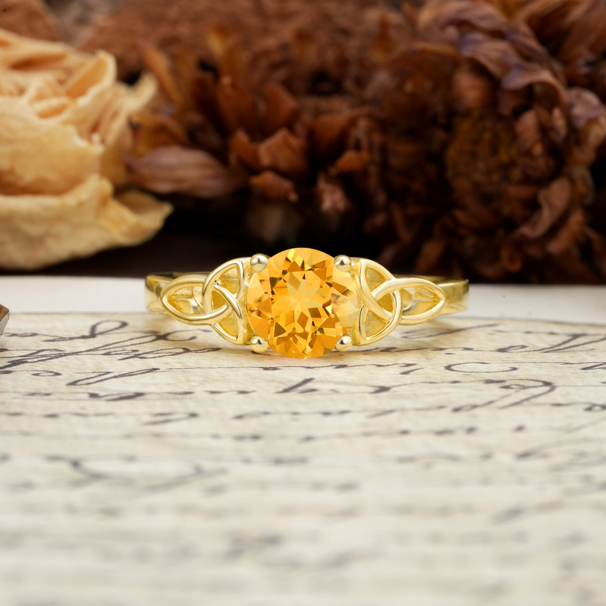 Nature-Inspired, Uniquely Intertwined 4-Prong Round Cut Citrine Engagement Ring - Additional view