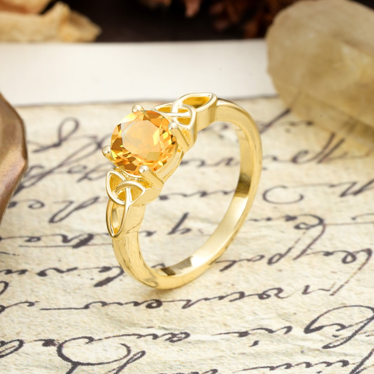 Nature-Inspired, Uniquely Intertwined 4-Prong Round Cut Citrine Engagement Ring - Additional view