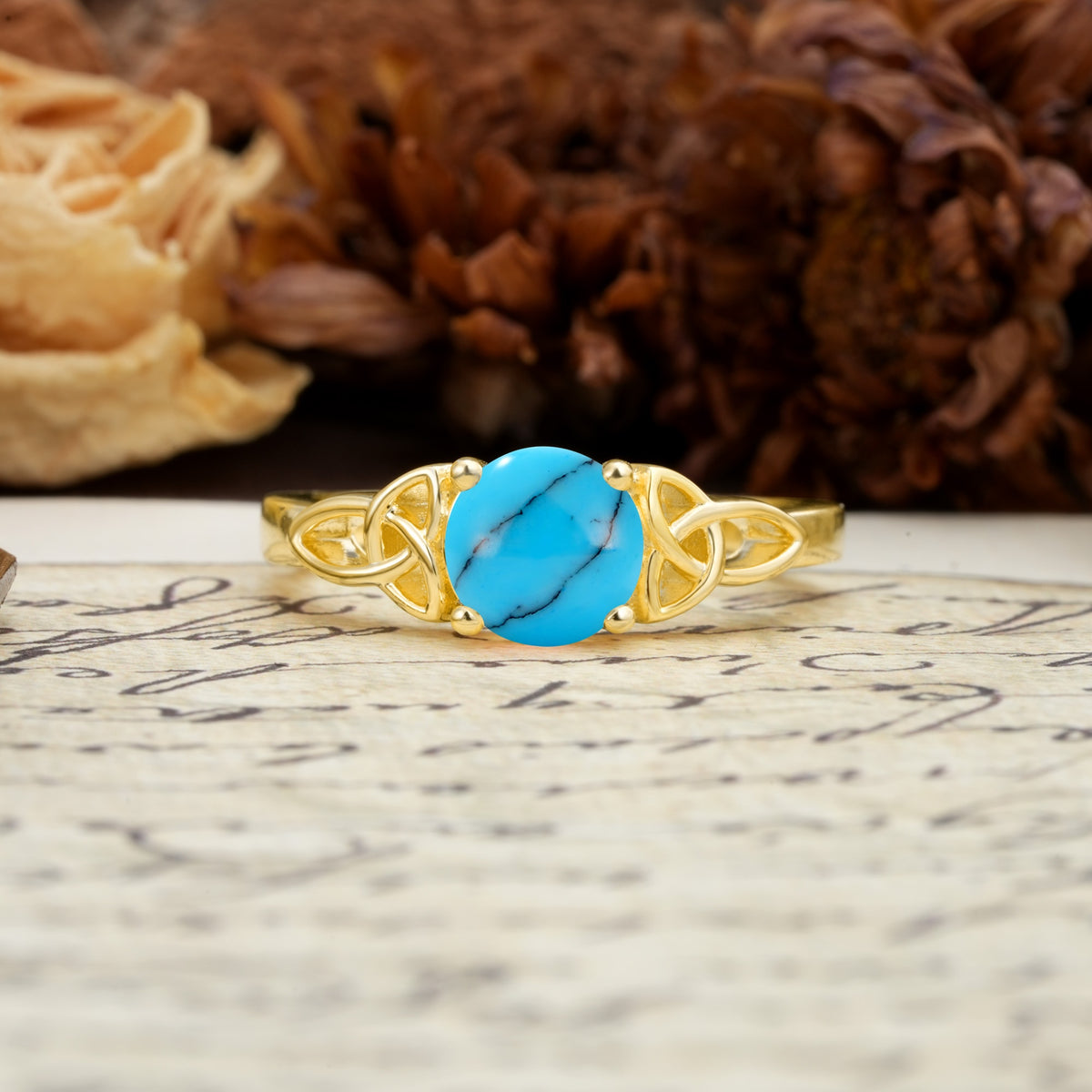 Nature-Inspired, Uniquely Intertwined 4-Prong Round Cut Turquoise Engagement Ring - Additional view