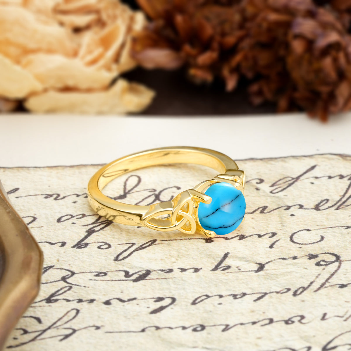 Nature-Inspired, Uniquely Intertwined 4-Prong Round Cut Turquoise Engagement Ring - Additional view