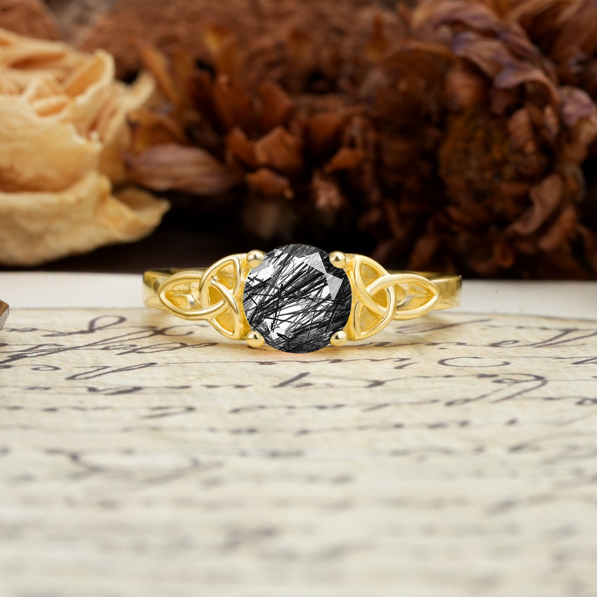 Nature-Inspired, Uniquely Intertwined 4-Prong Round Cut Black Rutilated Quartz Engagement Ring - Additional view