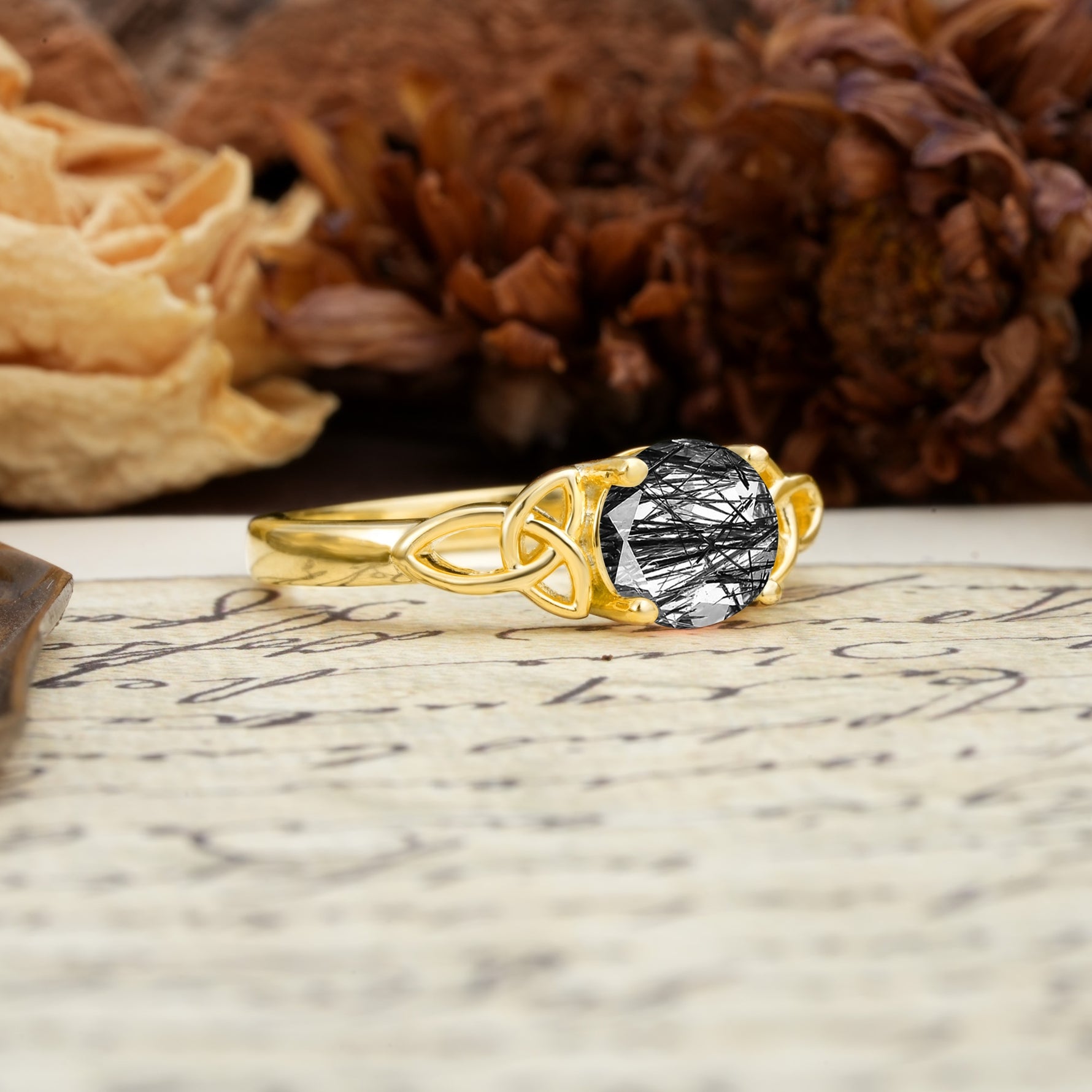 Nature-Inspired, Uniquely Intertwined 4-Prong Round Cut Black Rutilated Quartz Engagement Ring - Additional view