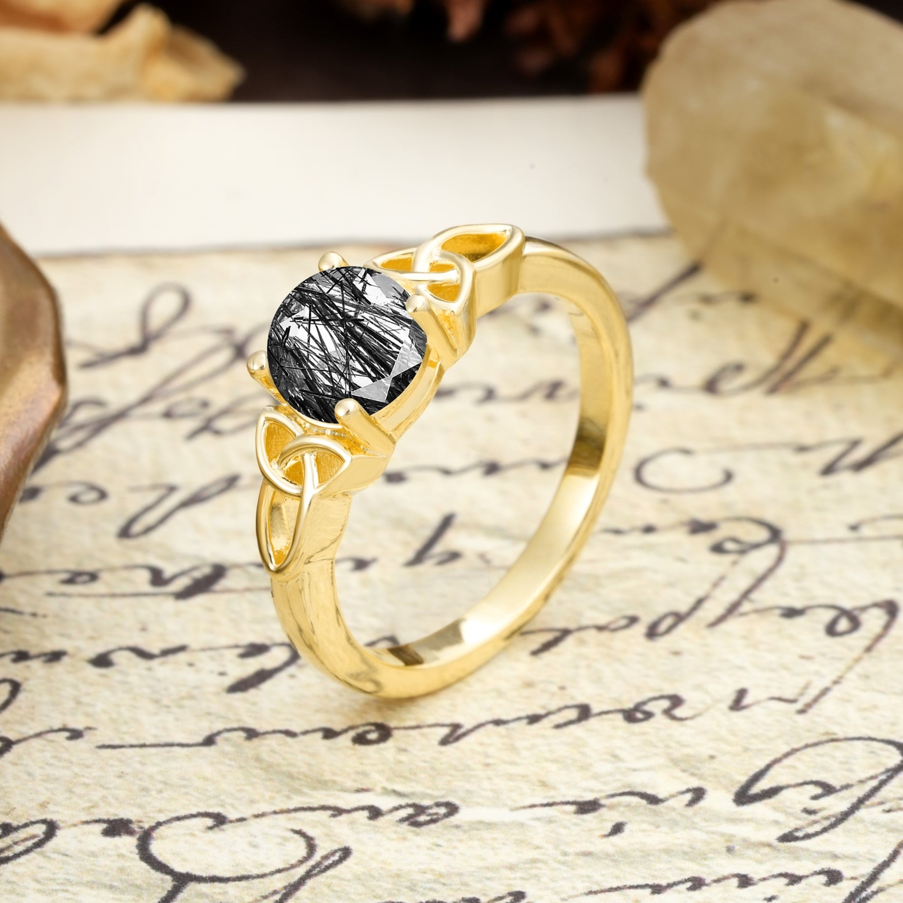 Nature-Inspired, Uniquely Intertwined 4-Prong Round Cut Black Rutilated Quartz Engagement Ring - Additional view