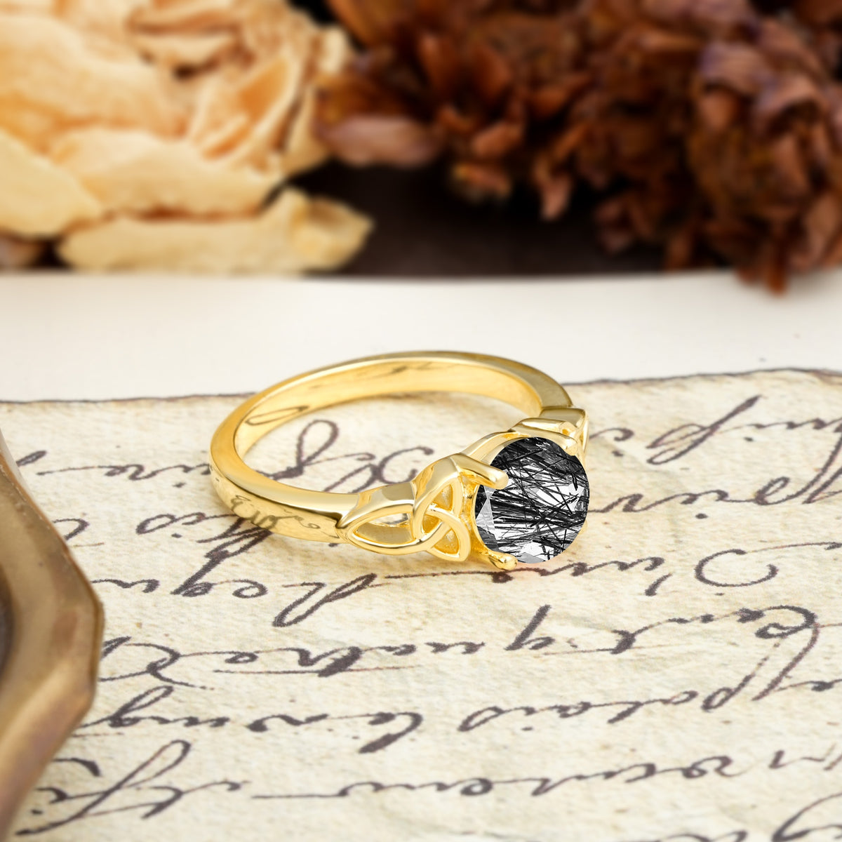 Nature-Inspired, Uniquely Intertwined 4-Prong Round Cut Black Rutilated Quartz Engagement Ring - Additional view