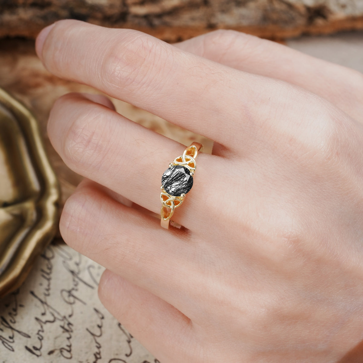 Nature-Inspired, Uniquely Intertwined 4-Prong Round Cut Black Rutilated Quartz Engagement Ring - Additional view