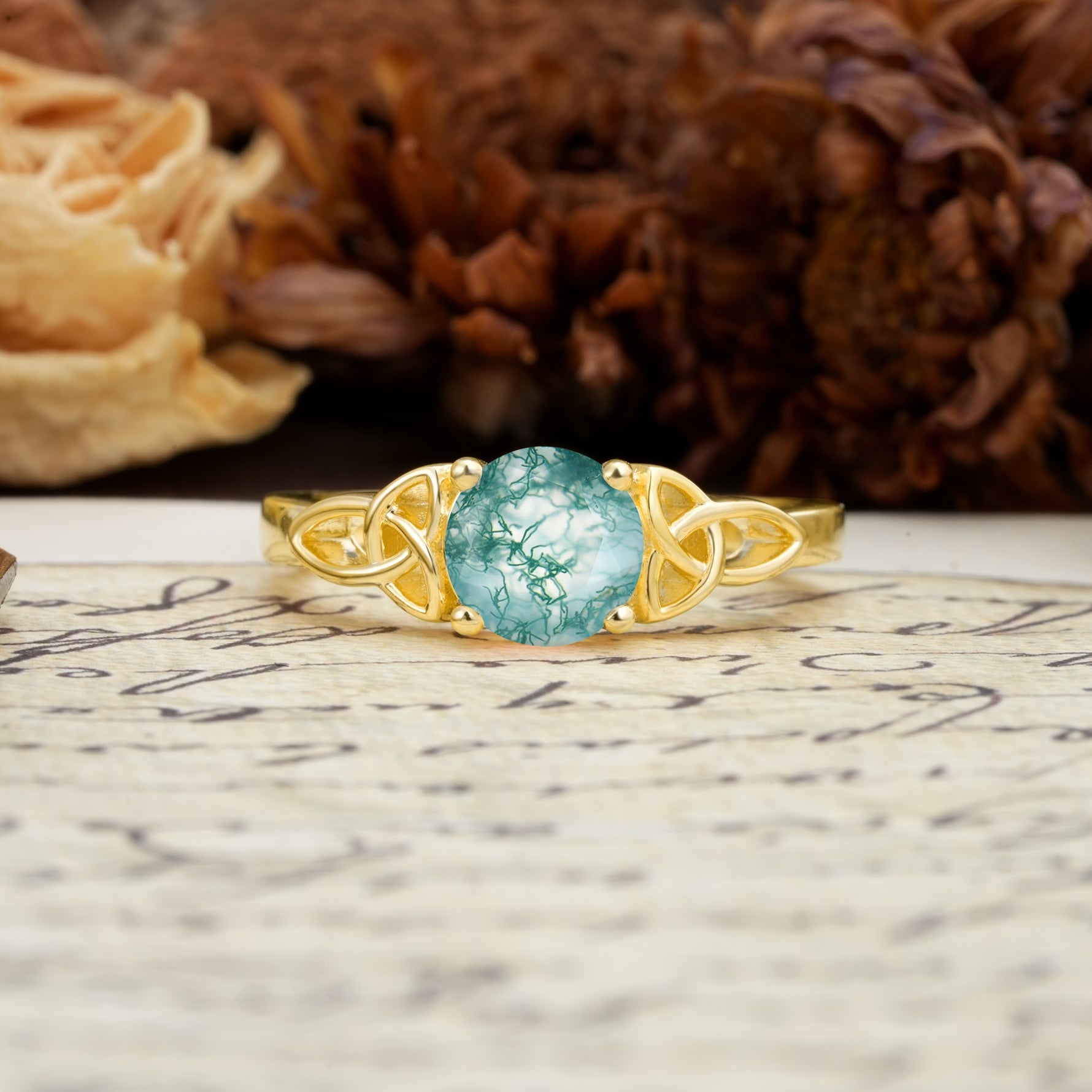 Nature-Inspired, Uniquely Intertwined 4-Prong Round Cut Moss Agate Engagement Ring - Additional view