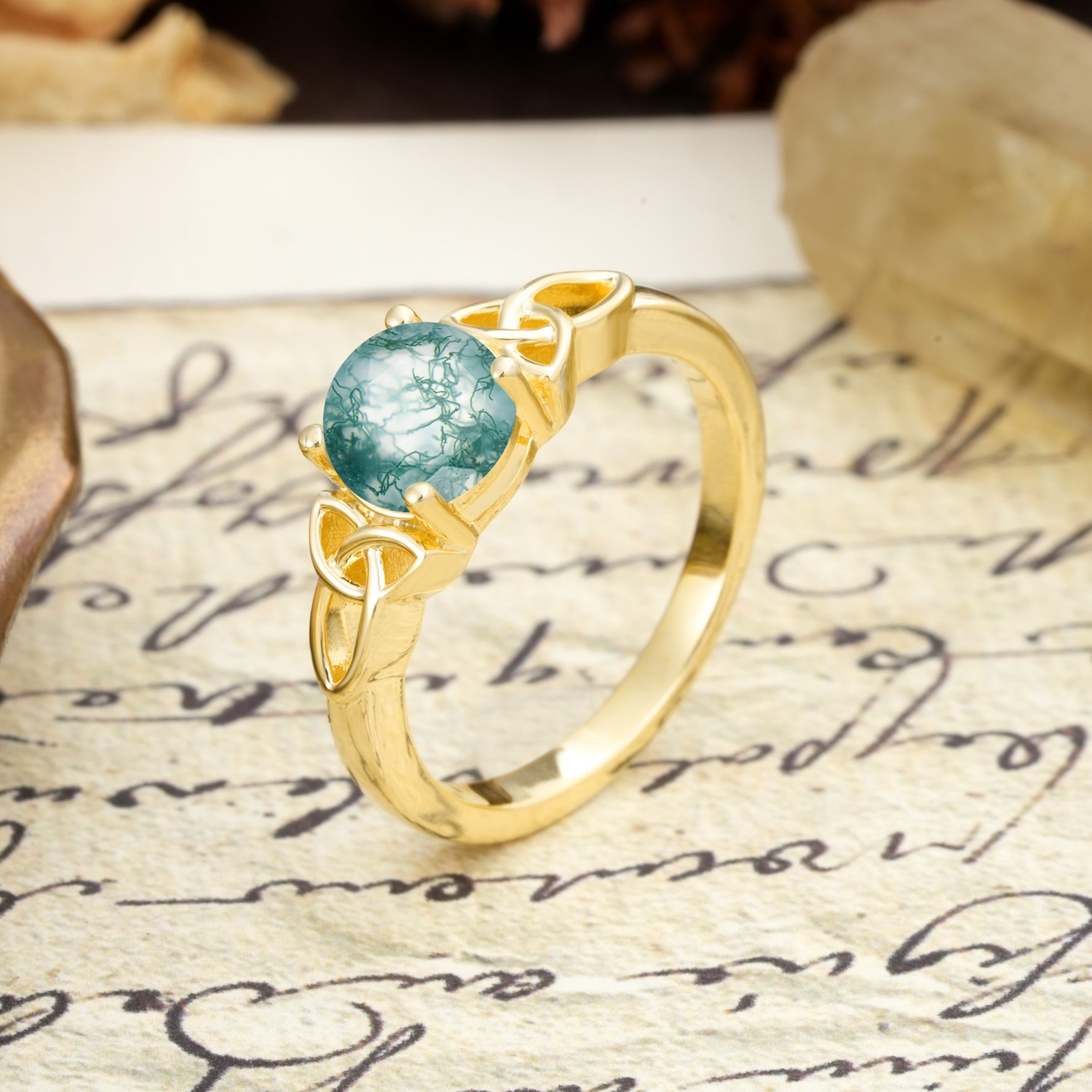 Nature-Inspired, Uniquely Intertwined 4-Prong Round Cut Moss Agate Engagement Ring - Additional view