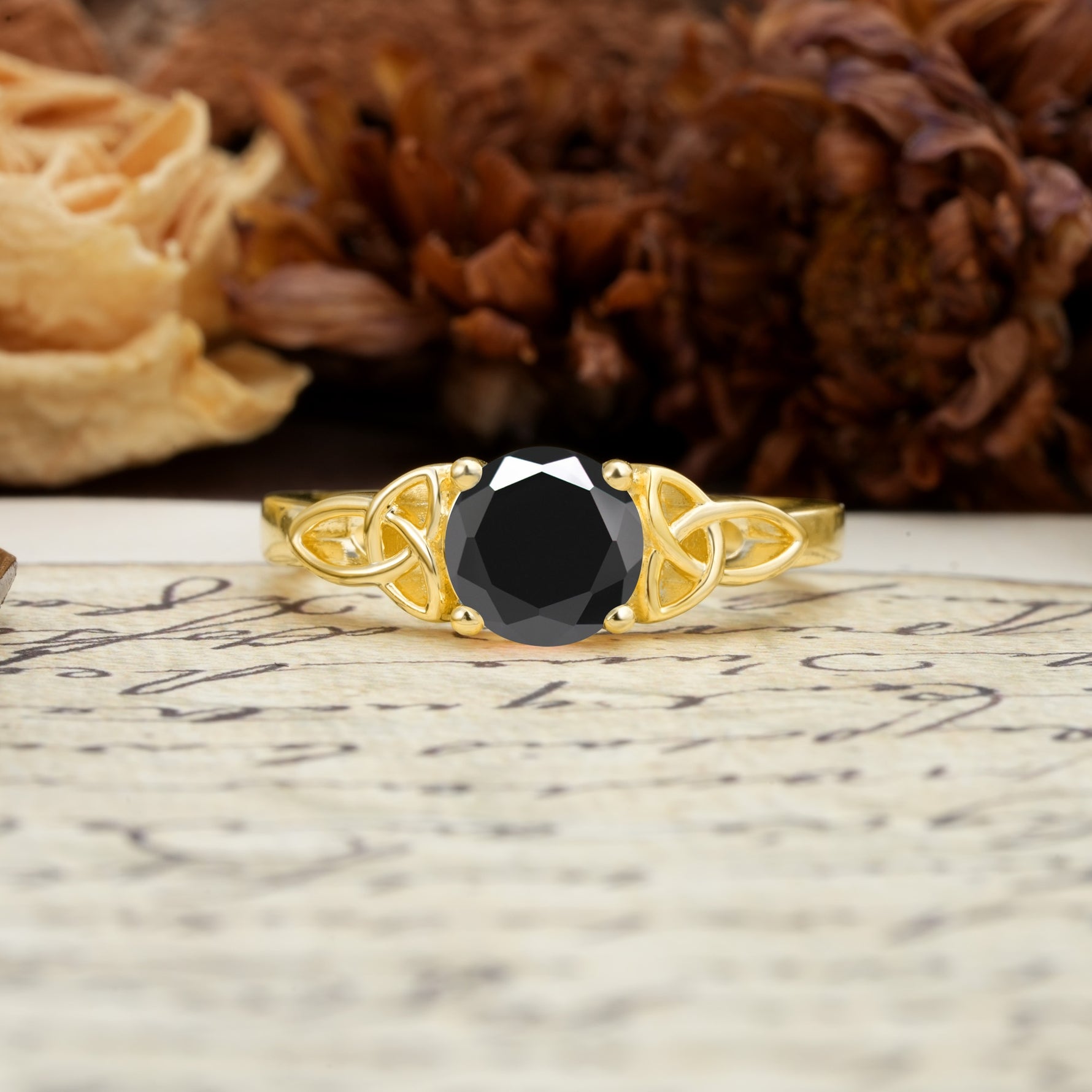 Nature-Inspired, Uniquely Intertwined 4-Prong Round Cut Black Onyx Engagement Ring - Additional view