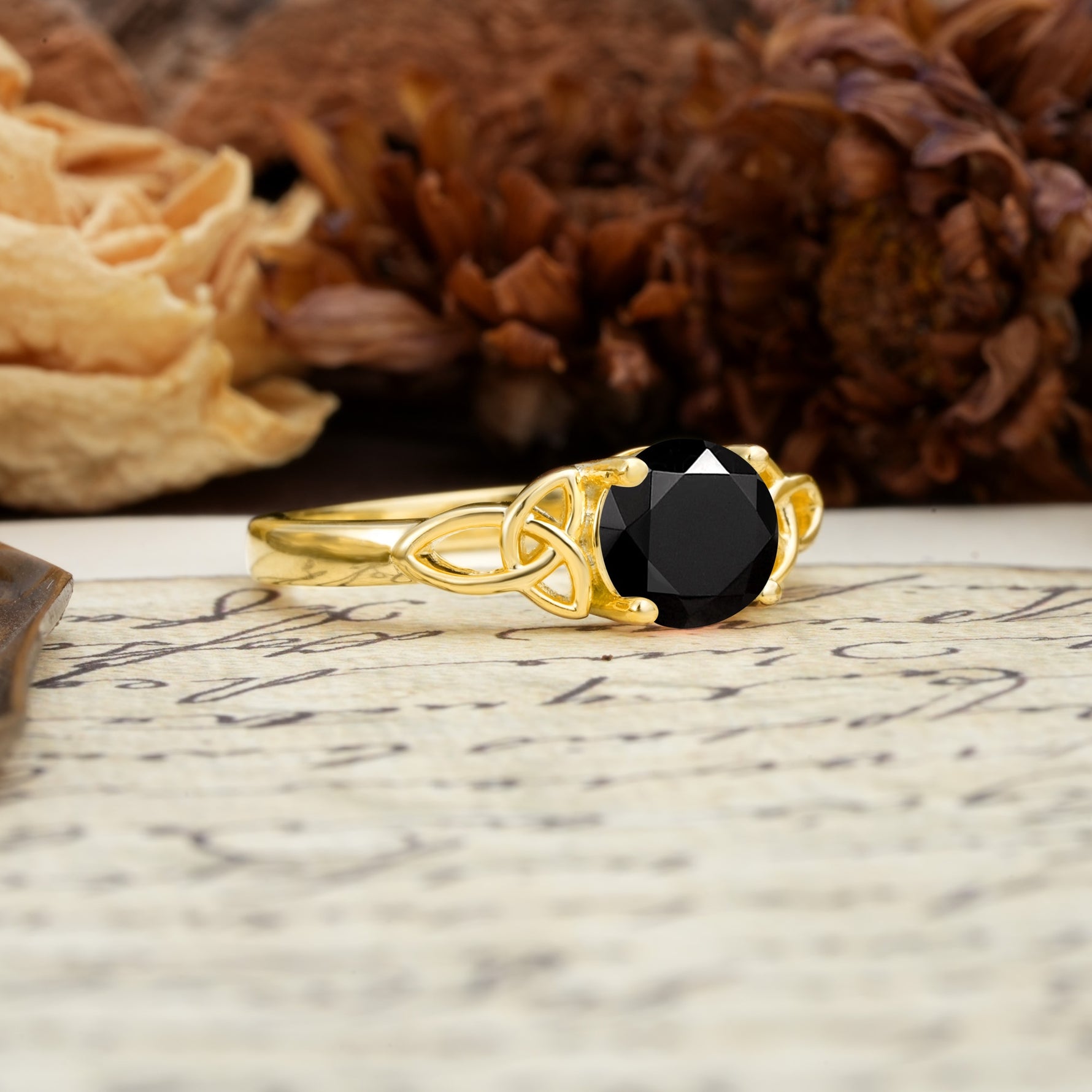 Nature-Inspired, Uniquely Intertwined 4-Prong Round Cut Black Onyx Engagement Ring - Additional view