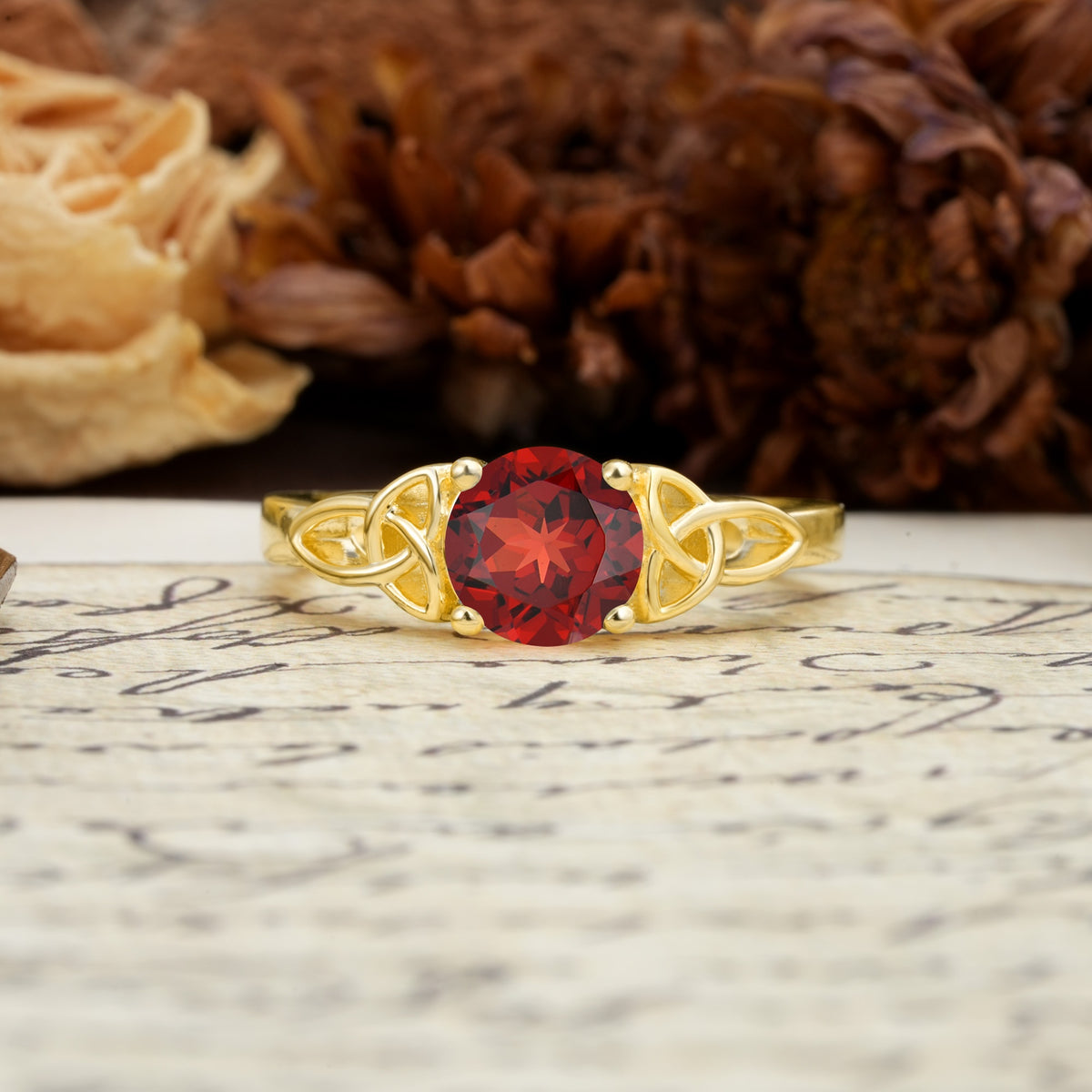 Nature-Inspired, Uniquely Intertwined 4-Prong Round Cut Garnet Engagement Ring - Additional view