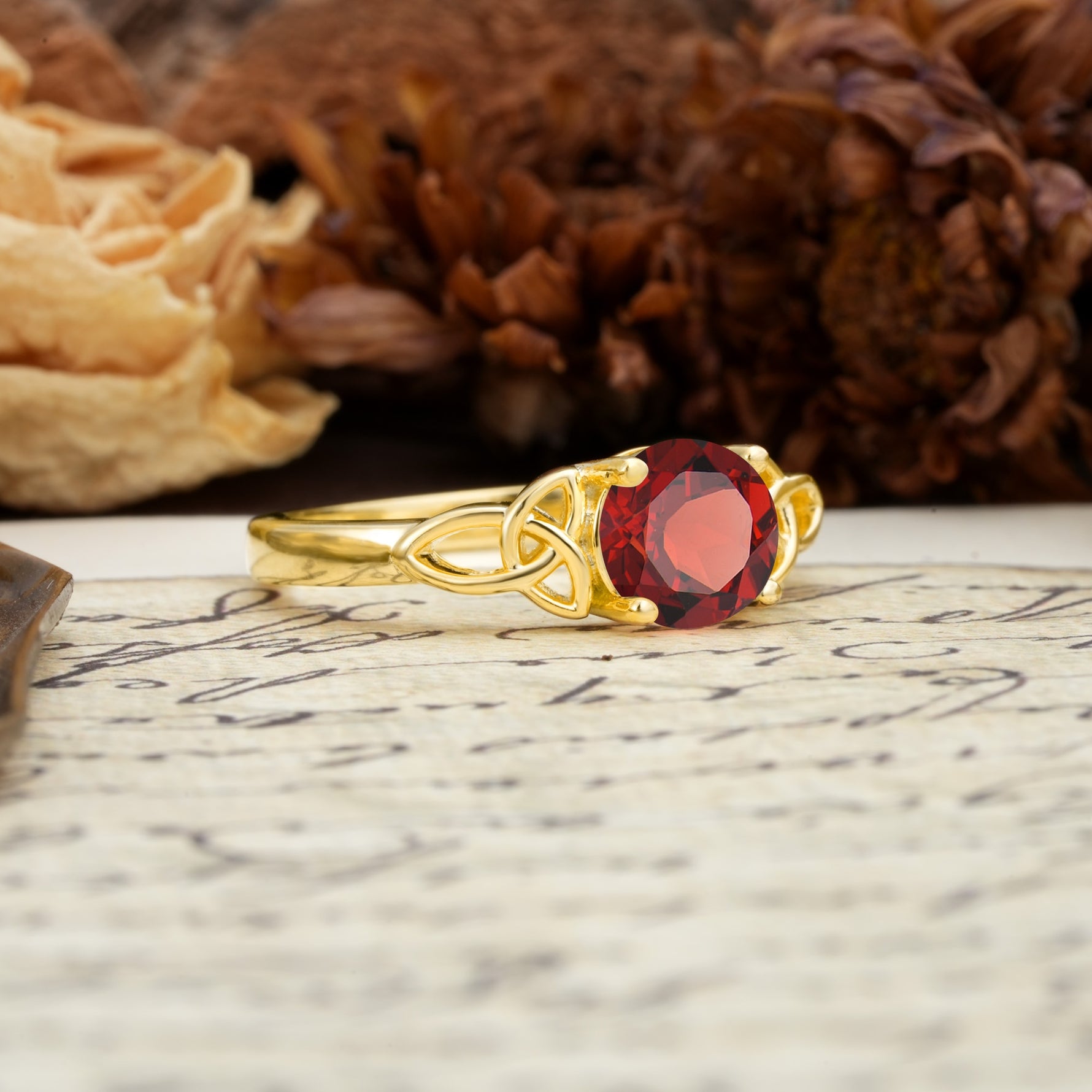 Nature-Inspired, Uniquely Intertwined 4-Prong Round Cut Garnet Engagement Ring - Additional view