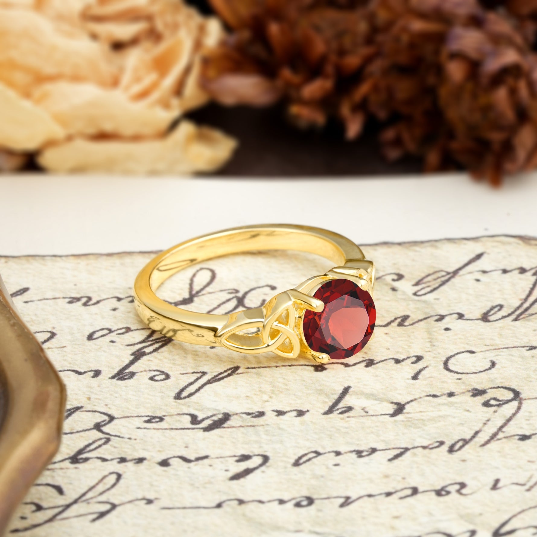 Nature-Inspired, Uniquely Intertwined 4-Prong Round Cut Garnet Engagement Ring - Additional view