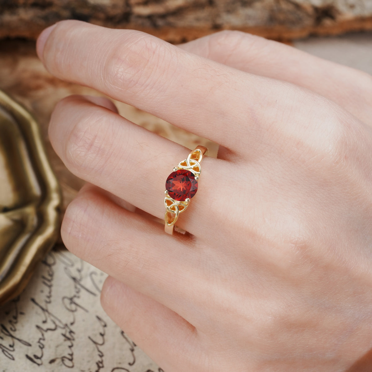 Nature-Inspired, Uniquely Intertwined 4-Prong Round Cut Garnet Engagement Ring - Additional view
