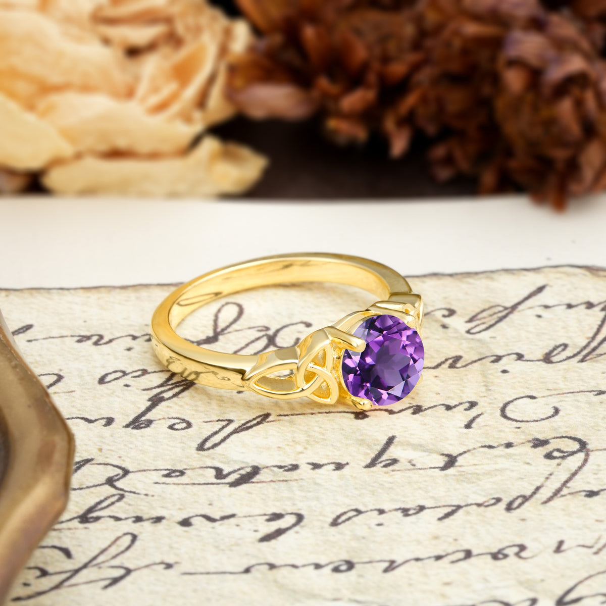 Nature-Inspired, Uniquely Intertwined 4-Prong Round Cut Amethyst Engagement Ring - Additional view