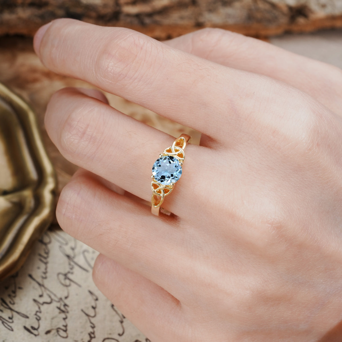 Nature-Inspired, Uniquely Intertwined 4-Prong Round Cut Aquamarine Engagement Ring - Additional view