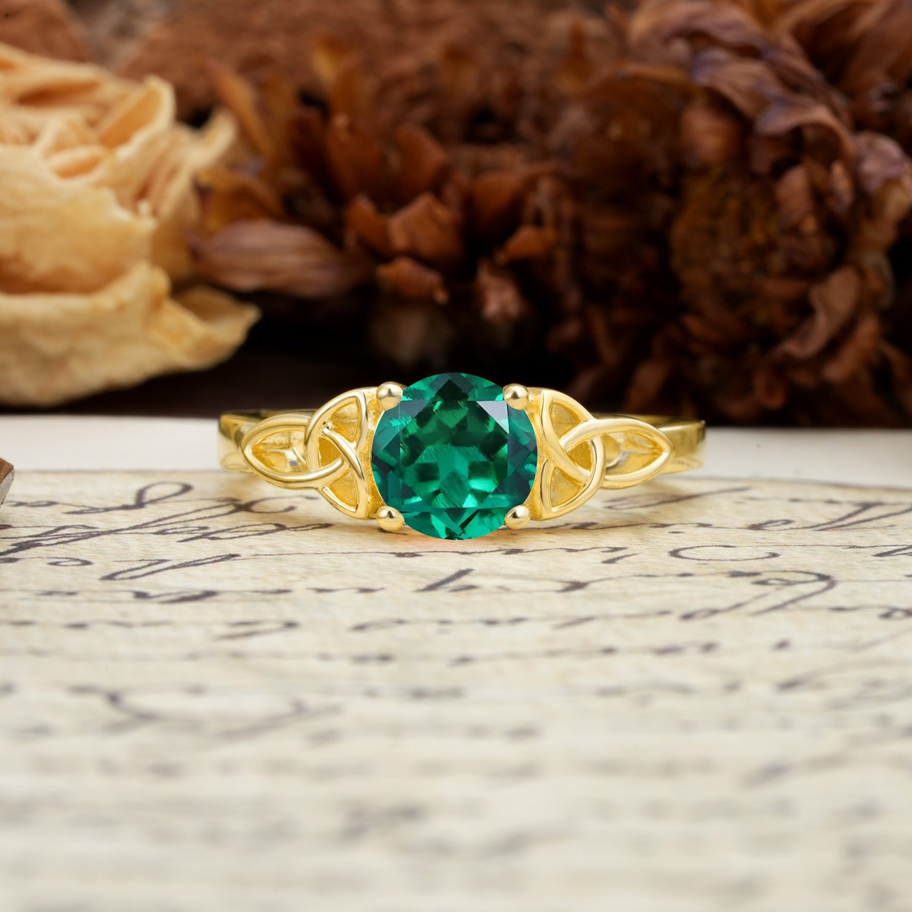 Nature-Inspired, Uniquely Intertwined 4-Prong Round Cut Emerald Engagement Ring - Additional view