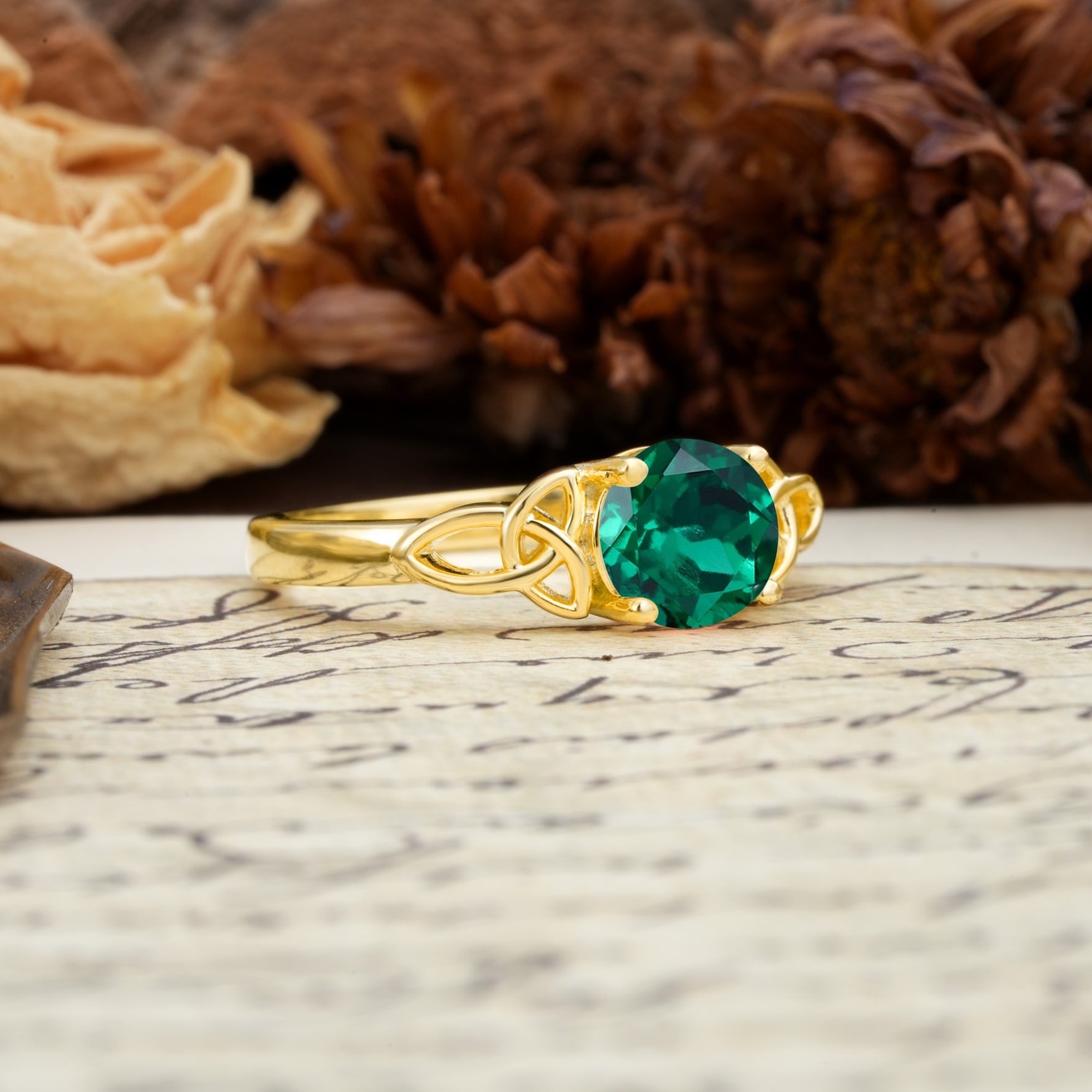 Nature-Inspired, Uniquely Intertwined 4-Prong Round Cut Emerald Engagement Ring - Additional view