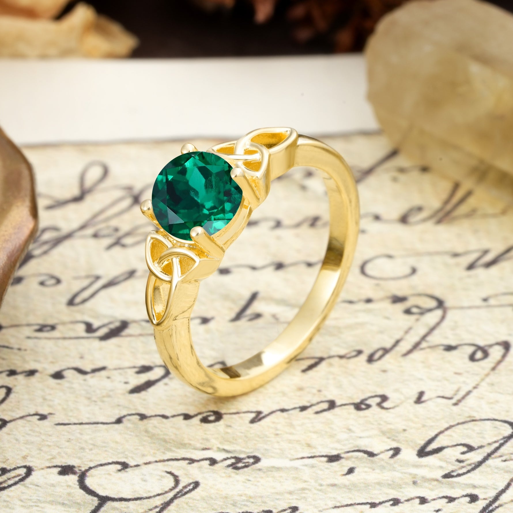 Nature-Inspired, Uniquely Intertwined 4-Prong Round Cut Emerald Engagement Ring - Additional view