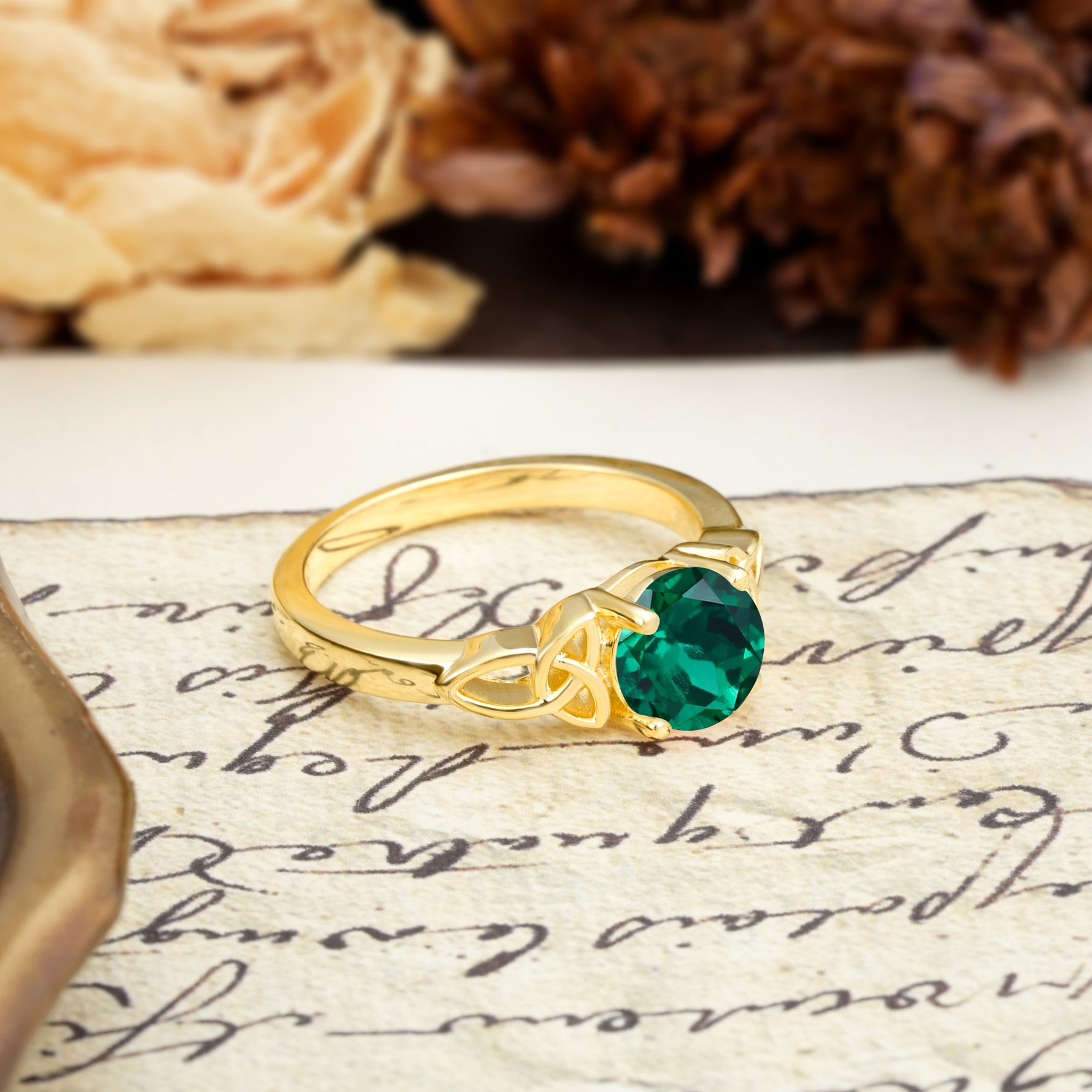 Nature-Inspired, Uniquely Intertwined 4-Prong Round Cut Emerald Engagement Ring - Additional view