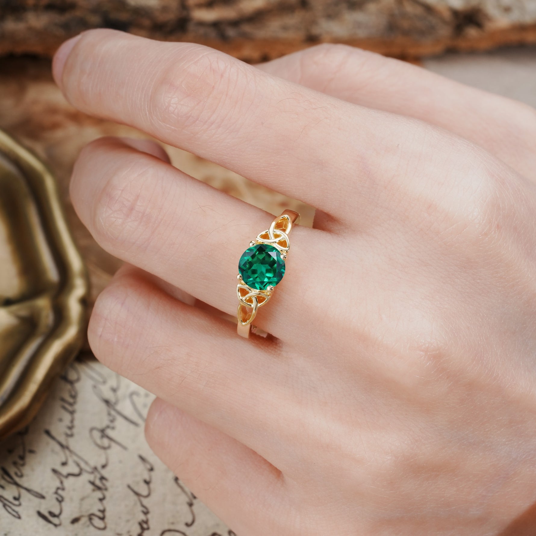 Nature-Inspired, Uniquely Intertwined 4-Prong Round Cut Emerald Engagement Ring - Additional view