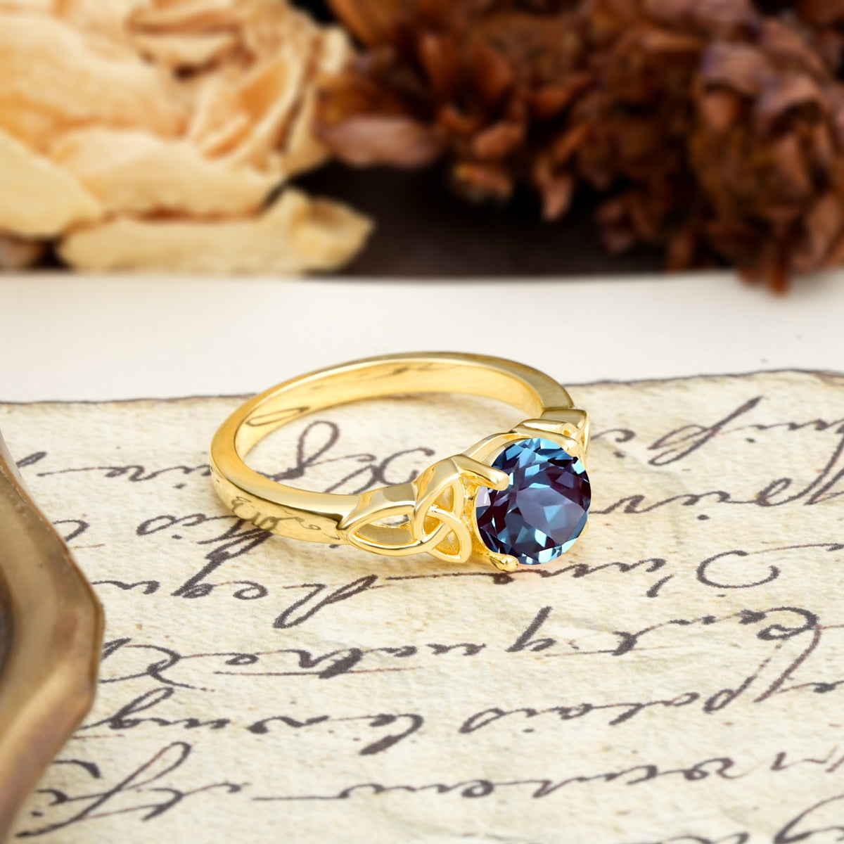 Nature-Inspired, Uniquely Intertwined 4-Prong Round Cut Alexandrite Engagement Ring - Additional view