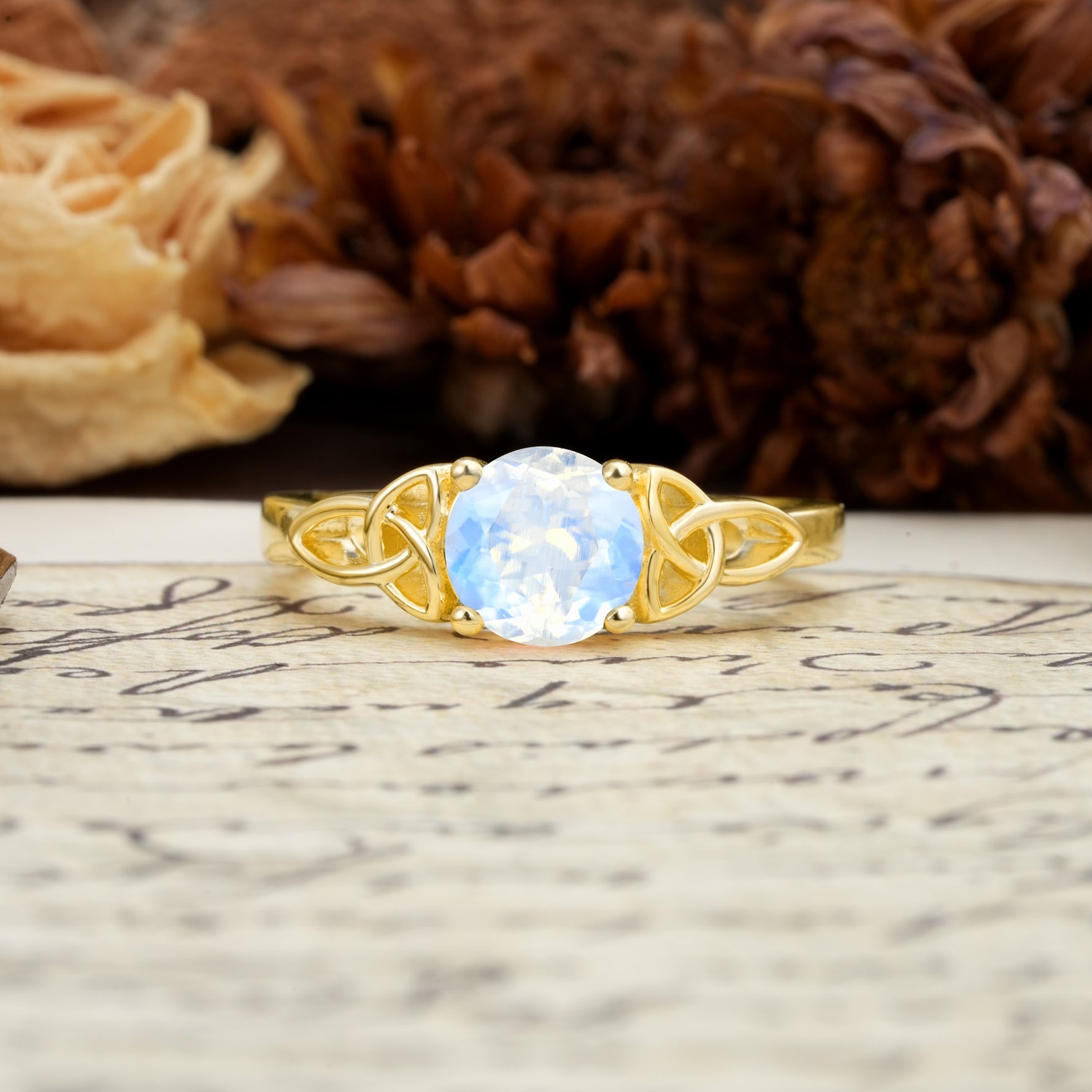 Nature-Inspired, Uniquely Intertwined 4-Prong Round Cut Moonstone Engagement Ring - Additional view