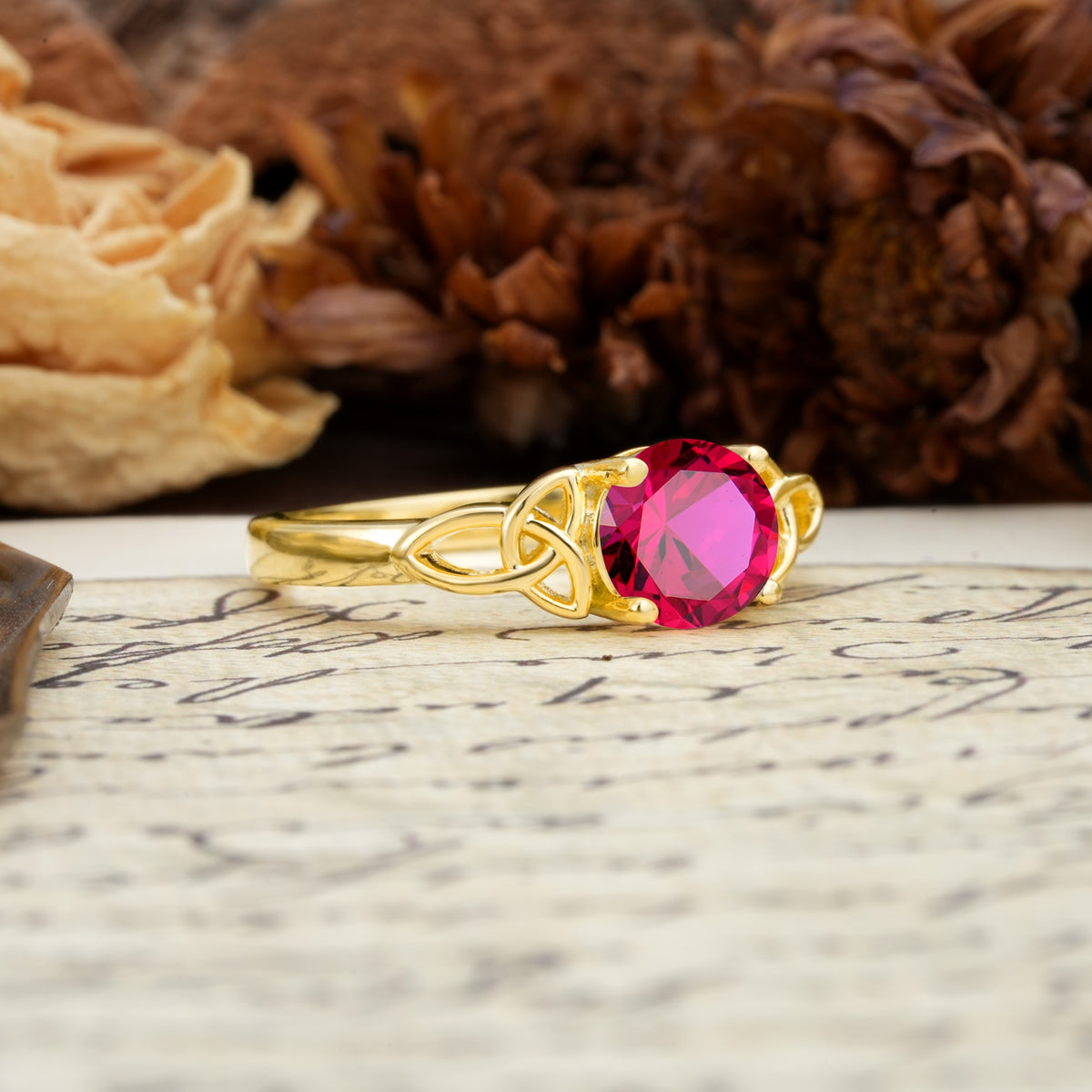 Nature-Inspired, Uniquely Intertwined 4-Prong Round Cut Ruby Engagement Ring - Additional view