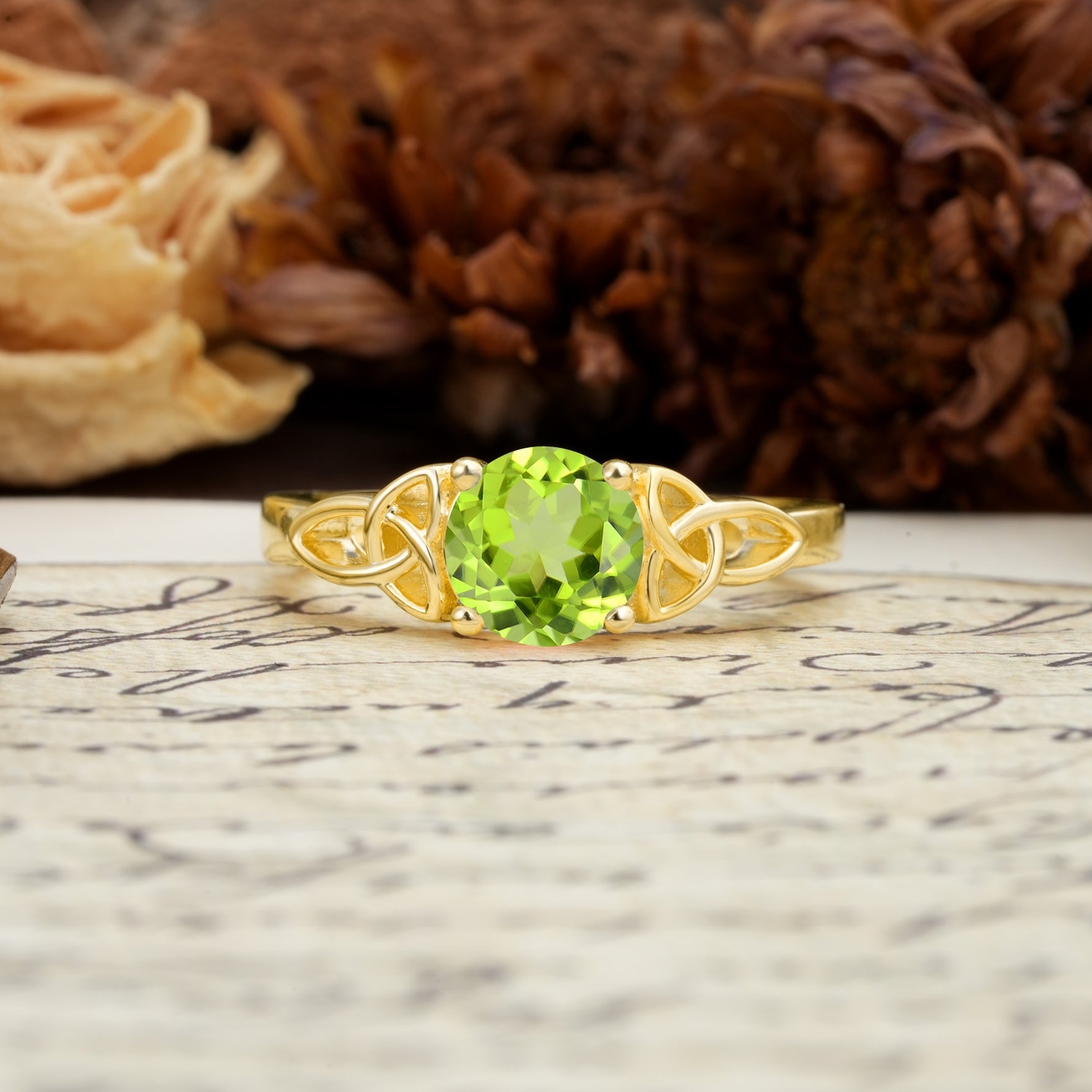 Nature-Inspired, Uniquely Intertwined 4-Prong Round Cut Peridot Engagement Ring - Additional view