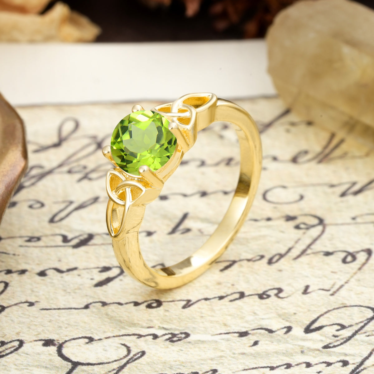 Nature-Inspired, Uniquely Intertwined 4-Prong Round Cut Peridot Engagement Ring - Additional view