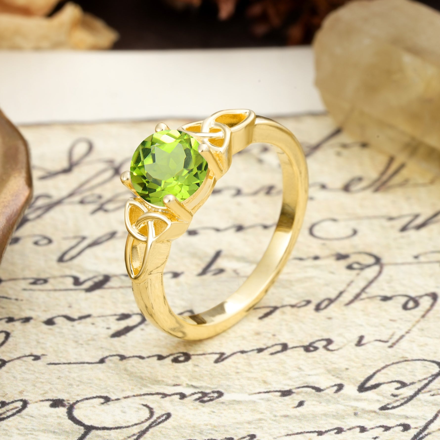 Nature-Inspired, Uniquely Intertwined 4-Prong Round Cut Peridot Engagement Ring - Additional view