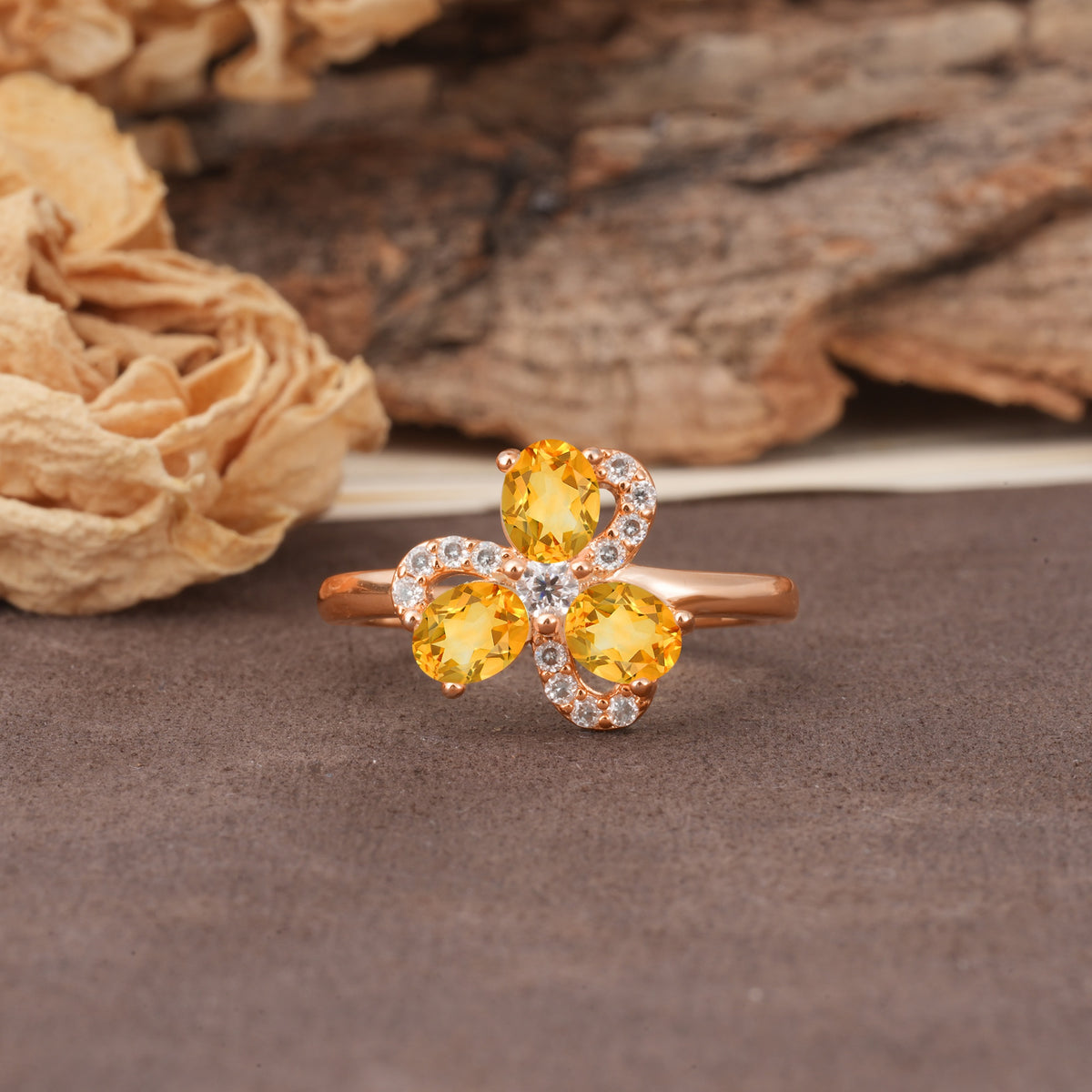 Unique Windmill-Flower Shape, 2-Prong Oval Cut Citrine Wedding Ring - Additional view