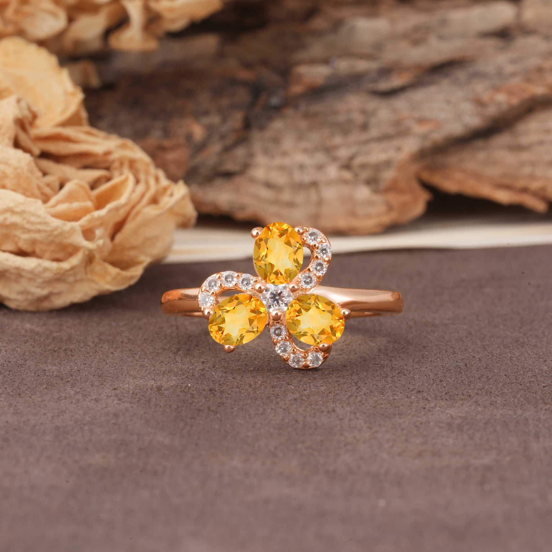Unique Windmill-Flower Shape, 2-Prong Oval Cut Citrine Wedding Ring - Additional view