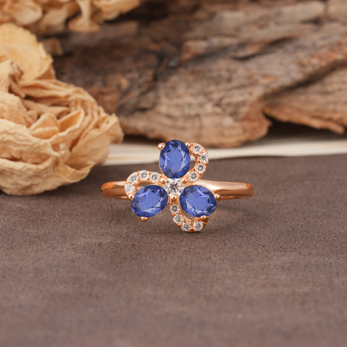 Unique Windmill-Flower Shape, 2-Prong Oval Cut Tanzanite Wedding Ring - Additional view