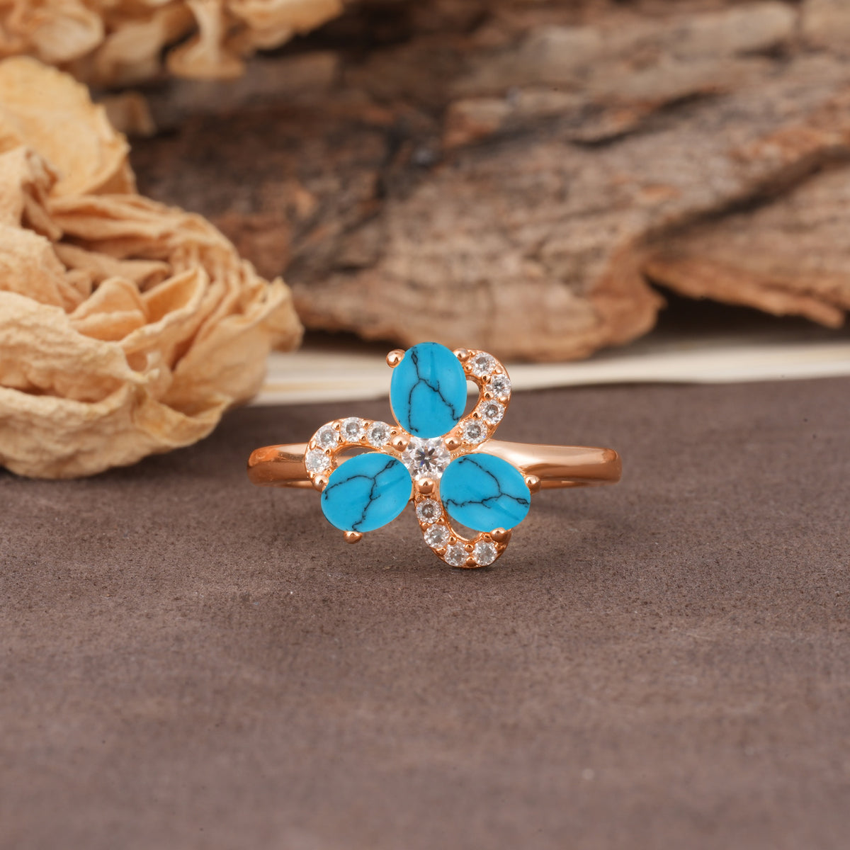 Unique Windmill-Flower Shape, 2-Prong Oval Cut Turquoise Wedding Ring - Additional view