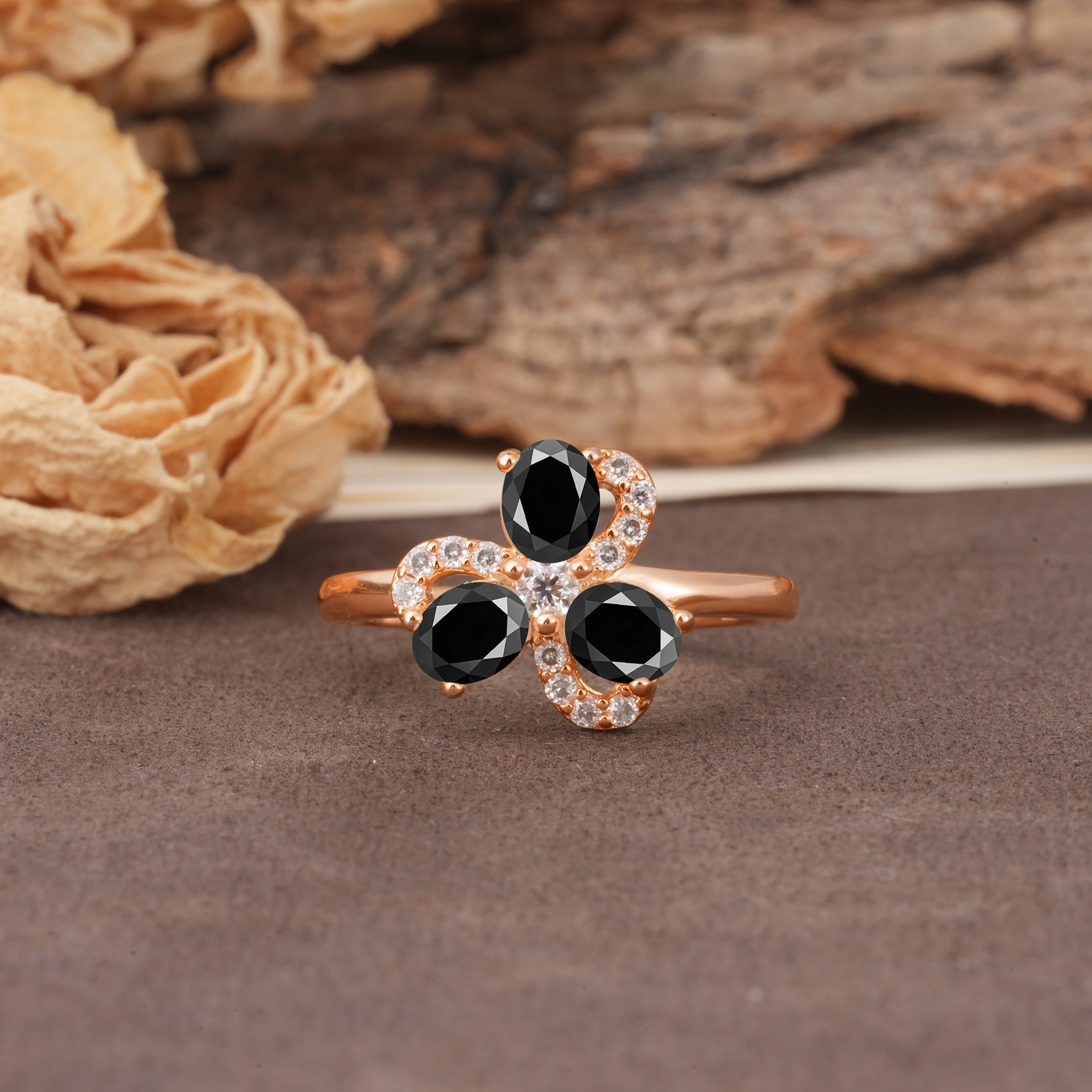Unique Windmill-Flower Shape, 2-Prong Oval Cut Black Onyx Wedding Ring - Additional view