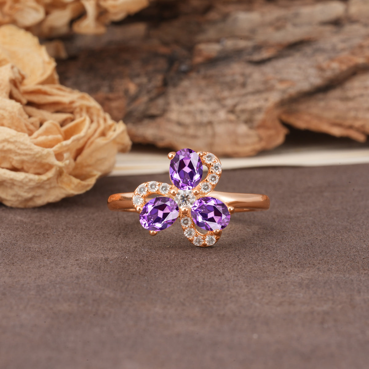 Unique Windmill-Flower Shape, 2-Prong Oval Cut Amethyst Wedding Ring - Additional view